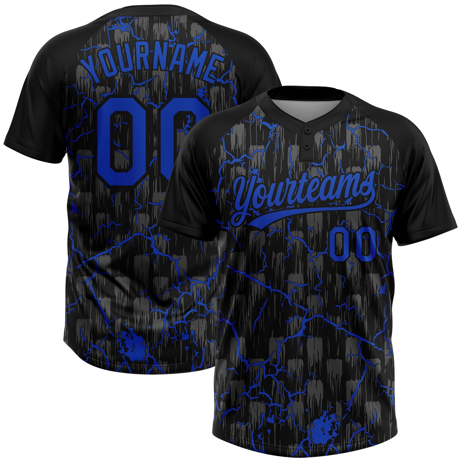 Custom Black Thunder Blue-Gray Raglan Sleeves Neon Lightning Crackle Two-Button Unisex Softball Jersey