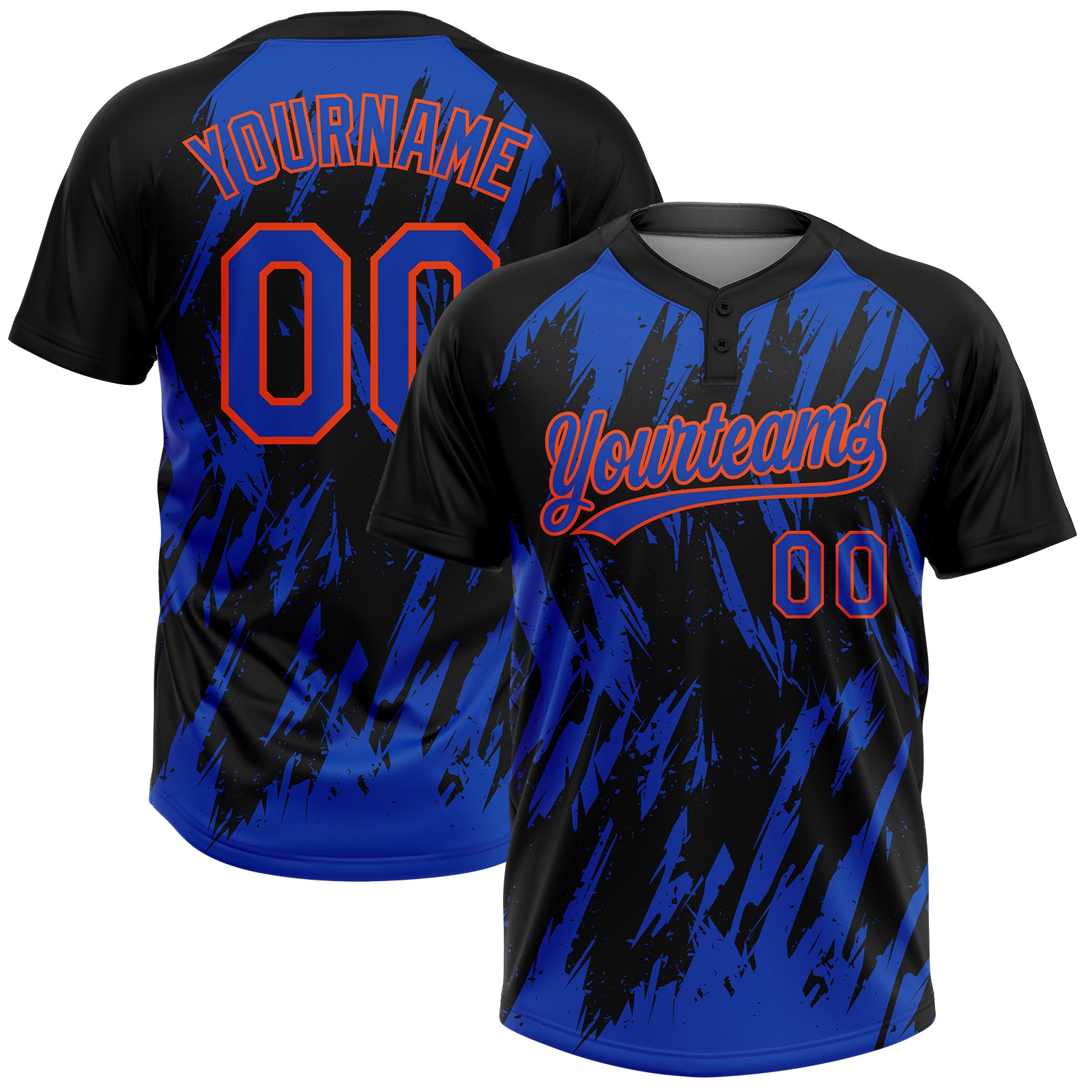 Custom Black Thunder Blue-Orange Splatter Torn Sharp Brush Stroke Two-Button Unisex Softball Jersey
