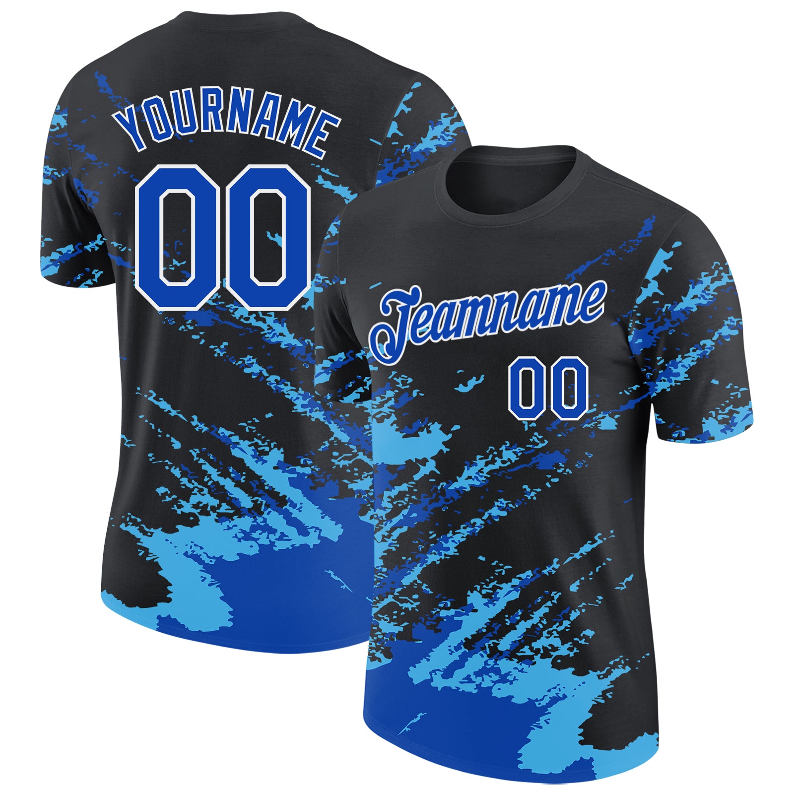 Custom Black Thunder Blue Sky Blue-White Brush Stroke Shatter Splatter Performance T-Shirt