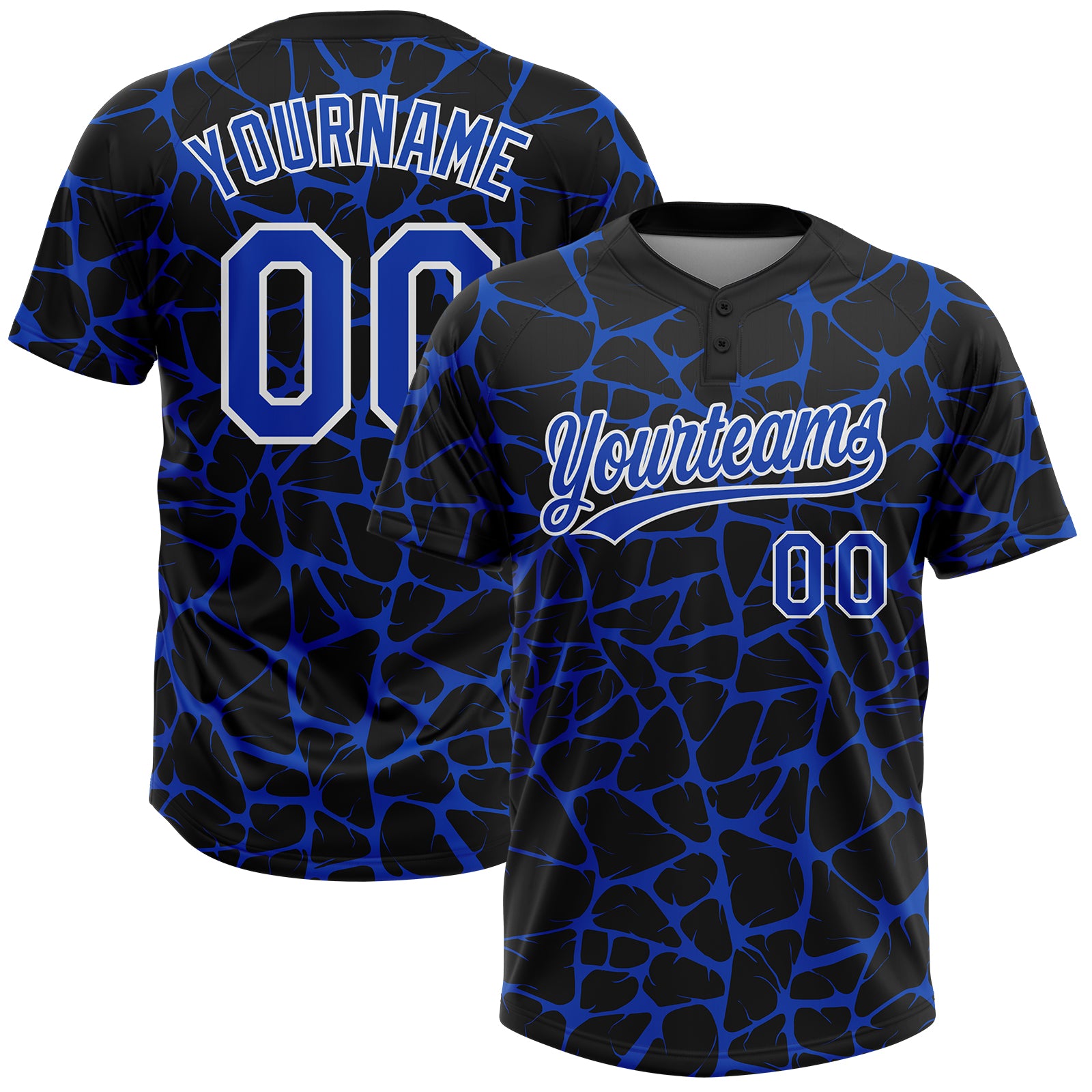 Custom Black Thunder Blue-White 3D Pattern Design Abstract Network Crackle Two-Button Unisex Softball Jersey