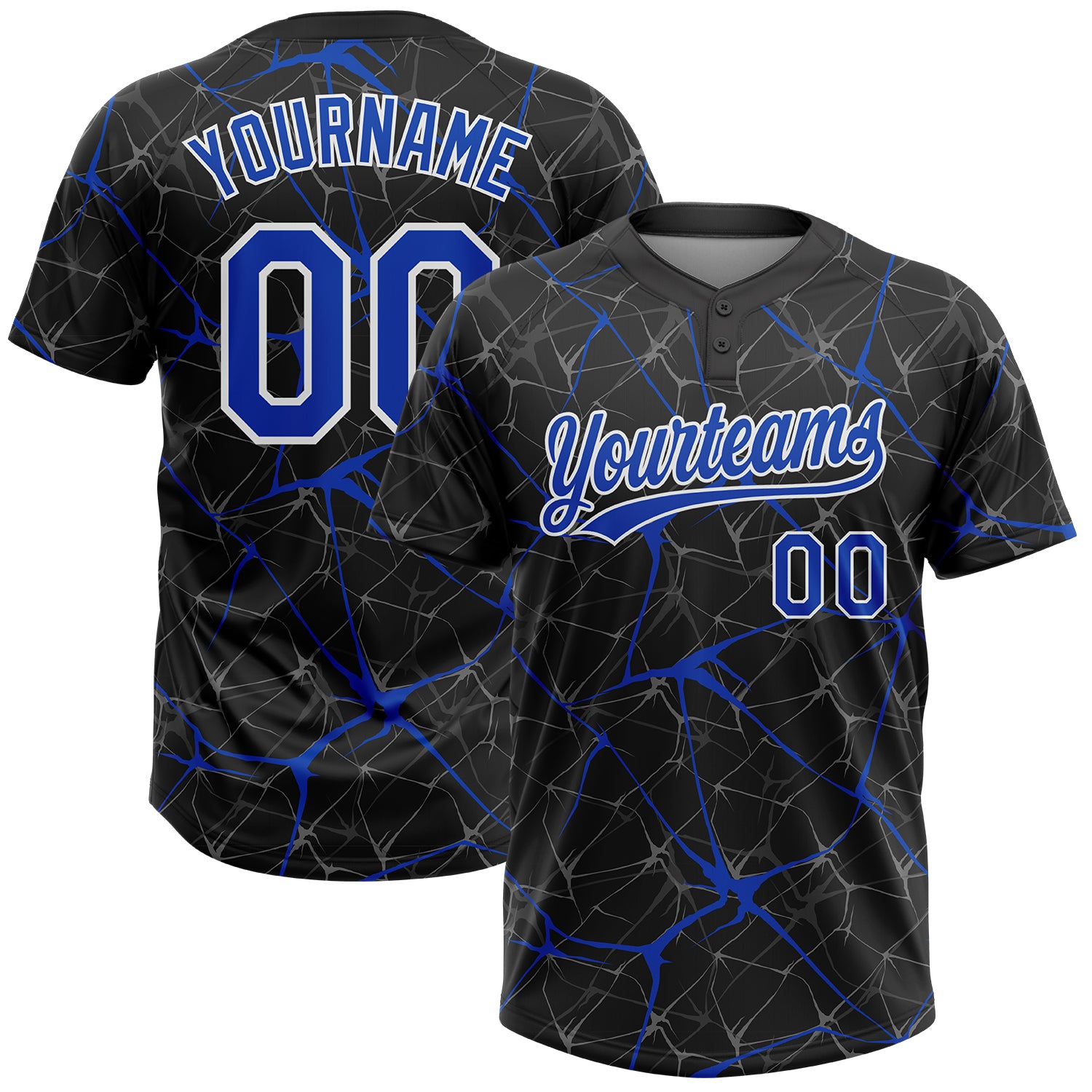 Custom Black Thunder Blue-White 3D Pattern Design Abstract Network Two-Button Unisex Softball Jersey