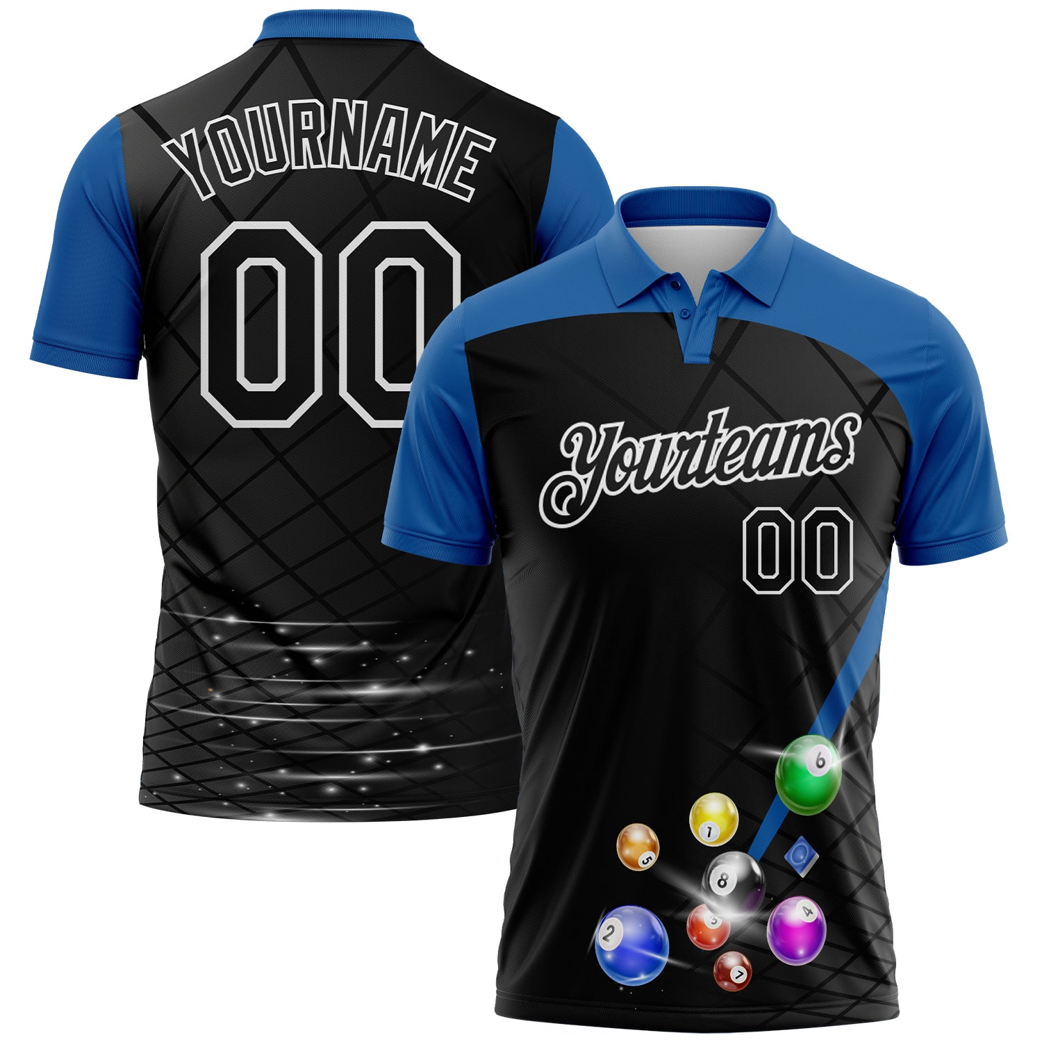 Custom Black Thunder Blue-White Billiard Balls Performance Polo Shirt