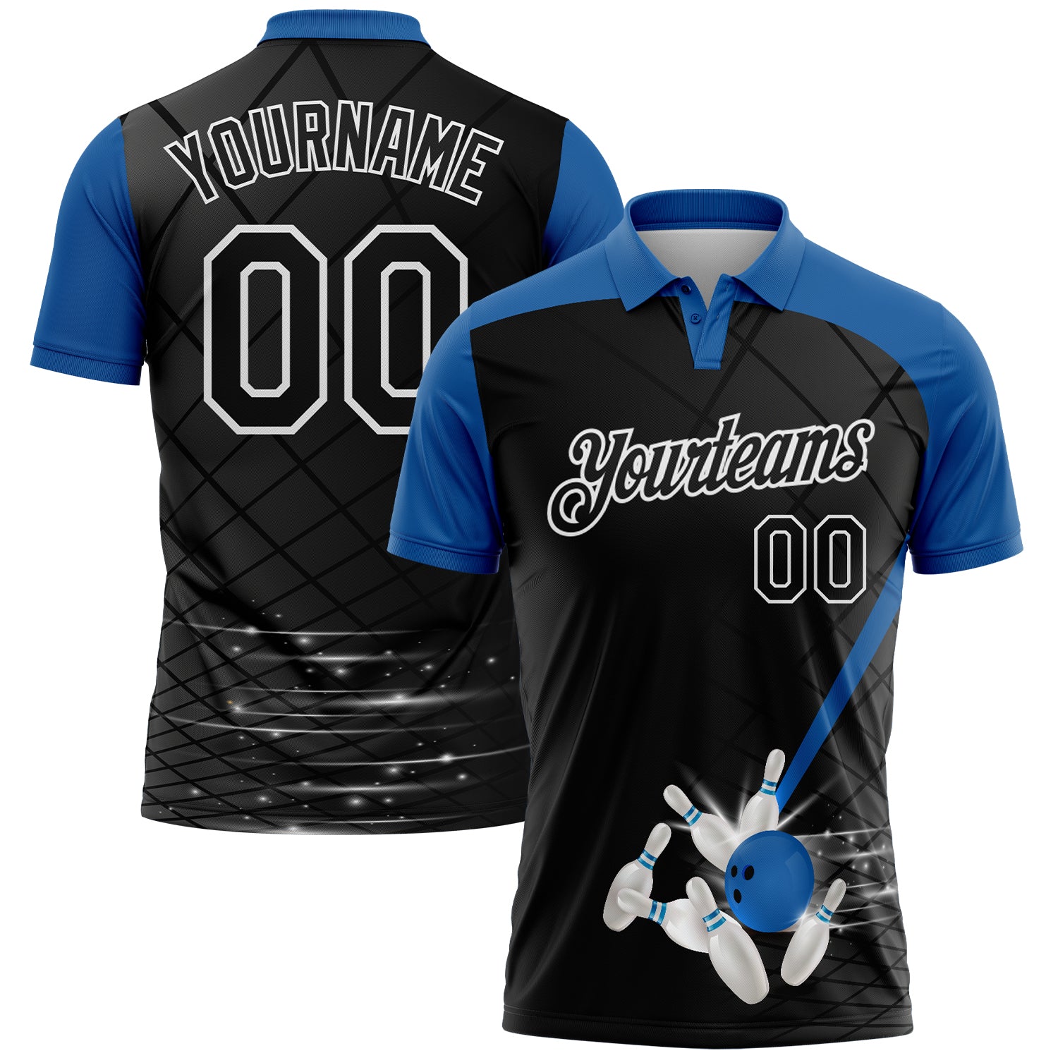 Custom Black Thunder Blue-White Bowling Geometric Grid Performance Polo Shirt
