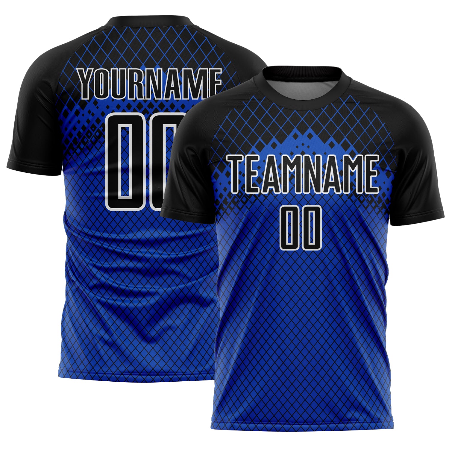 Custom Black Thunder Blue-White Gradient Diamond Grid Sports Sublimation Soccer Uniform Jersey