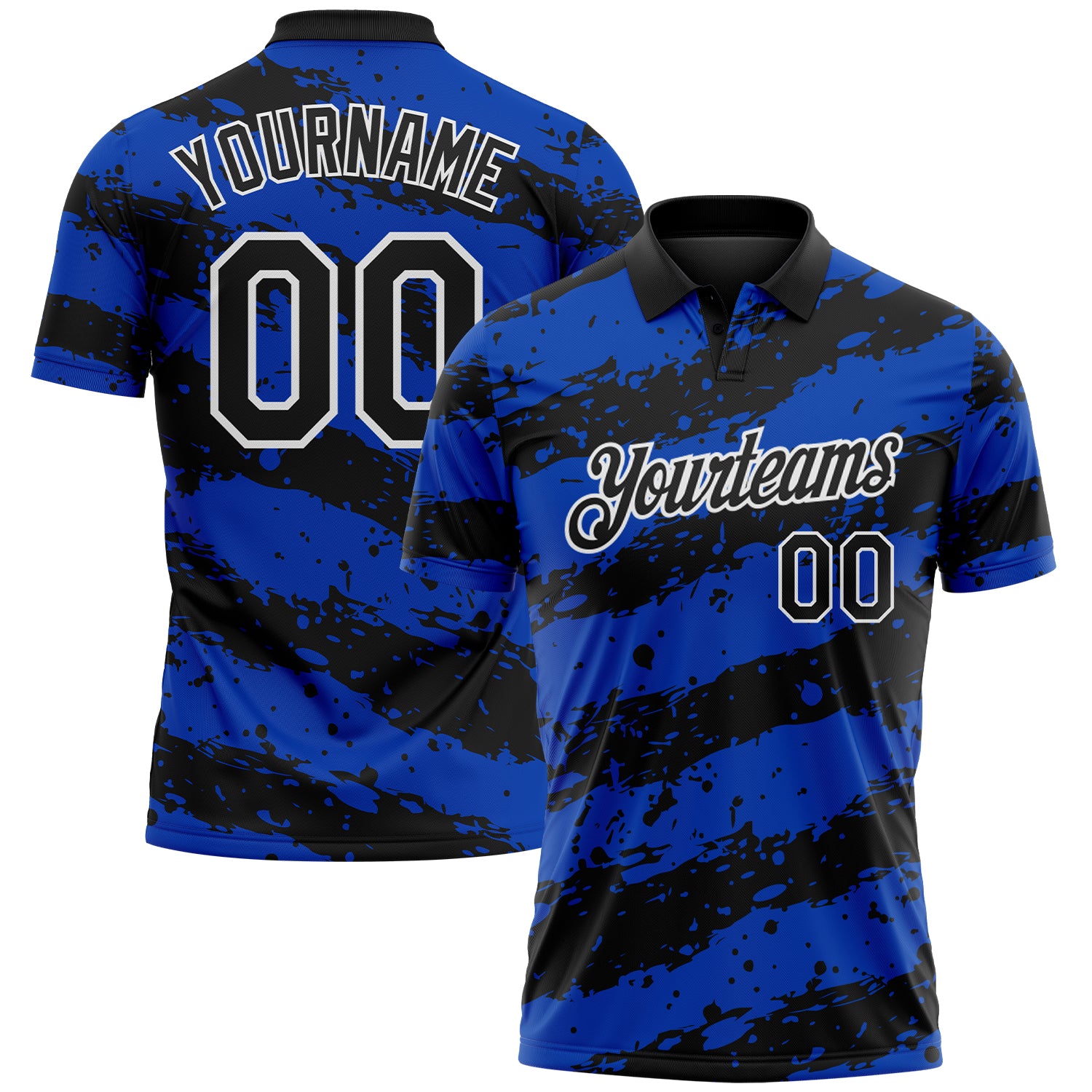 Custom Black Thunder Blue-White Paint Splash Stripe Performance Polo Shirt