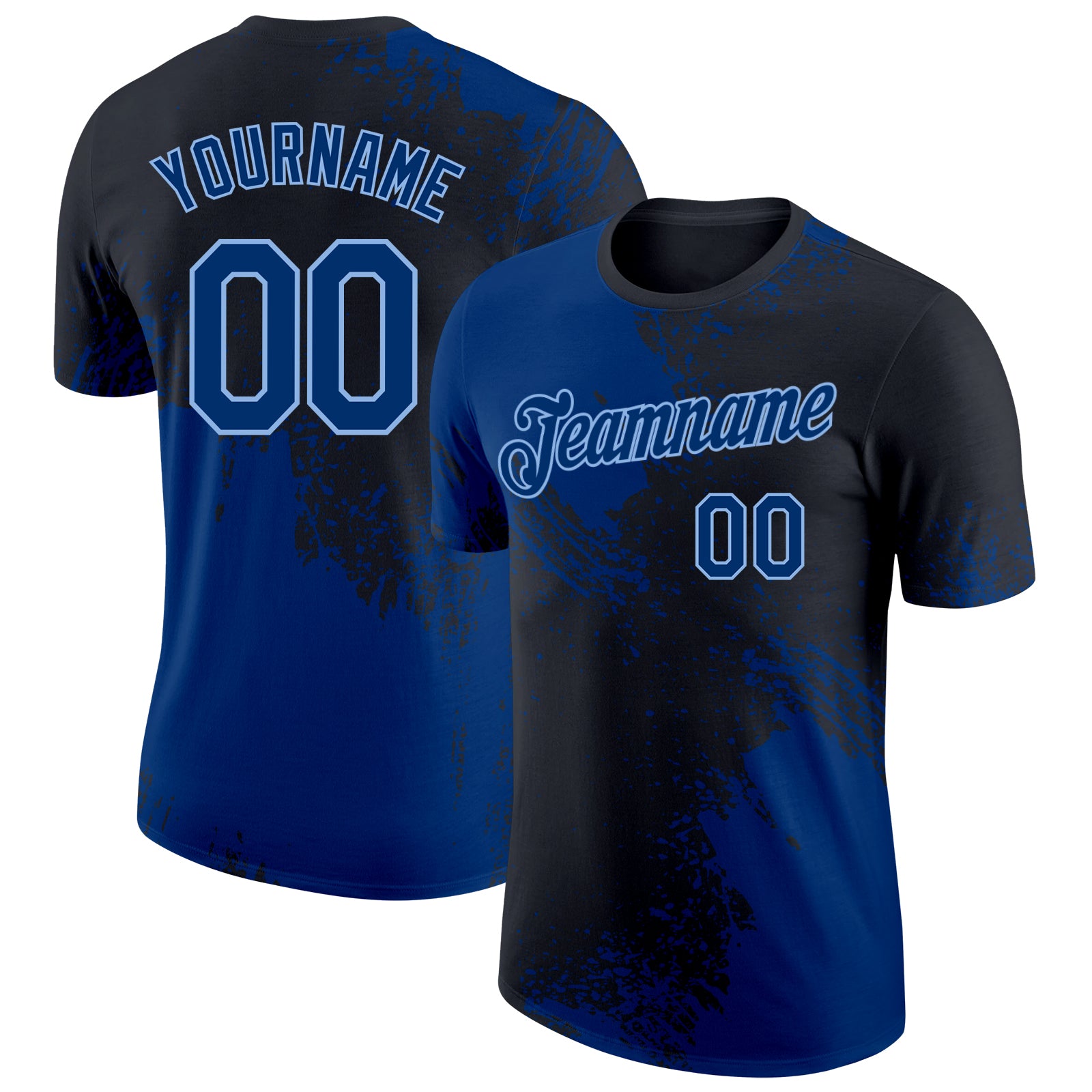 Custom Black US Navy Blue-Light Blue Abstract Brush Stroke Performance T-Shirt