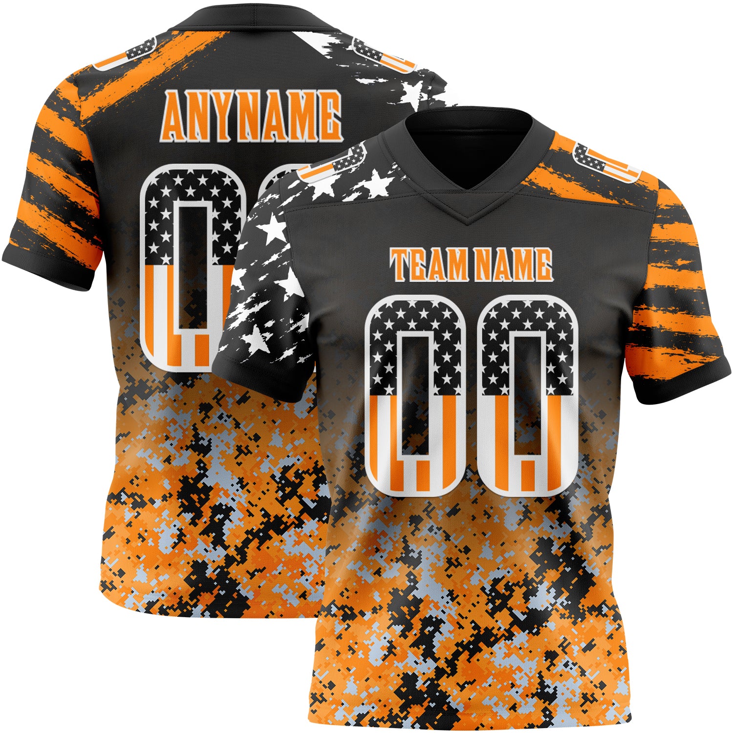 Custom Black USA Flag Camo White-Bay Orange Authentic Gradient Digital Camouflage Stars & Stripes Raglan Sleeves Football Jersey