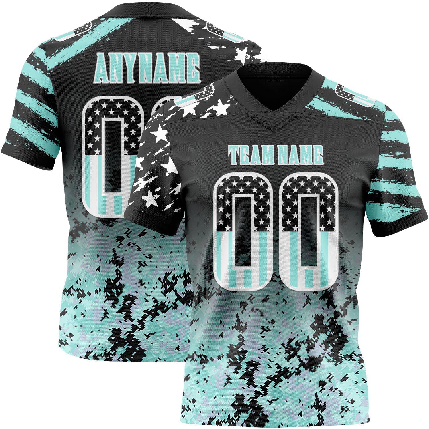 Custom Black USA Flag Camo White-Ice Blue Authentic Gradient Digital Camouflage Stars & Stripes Raglan Sleeves Football Jersey