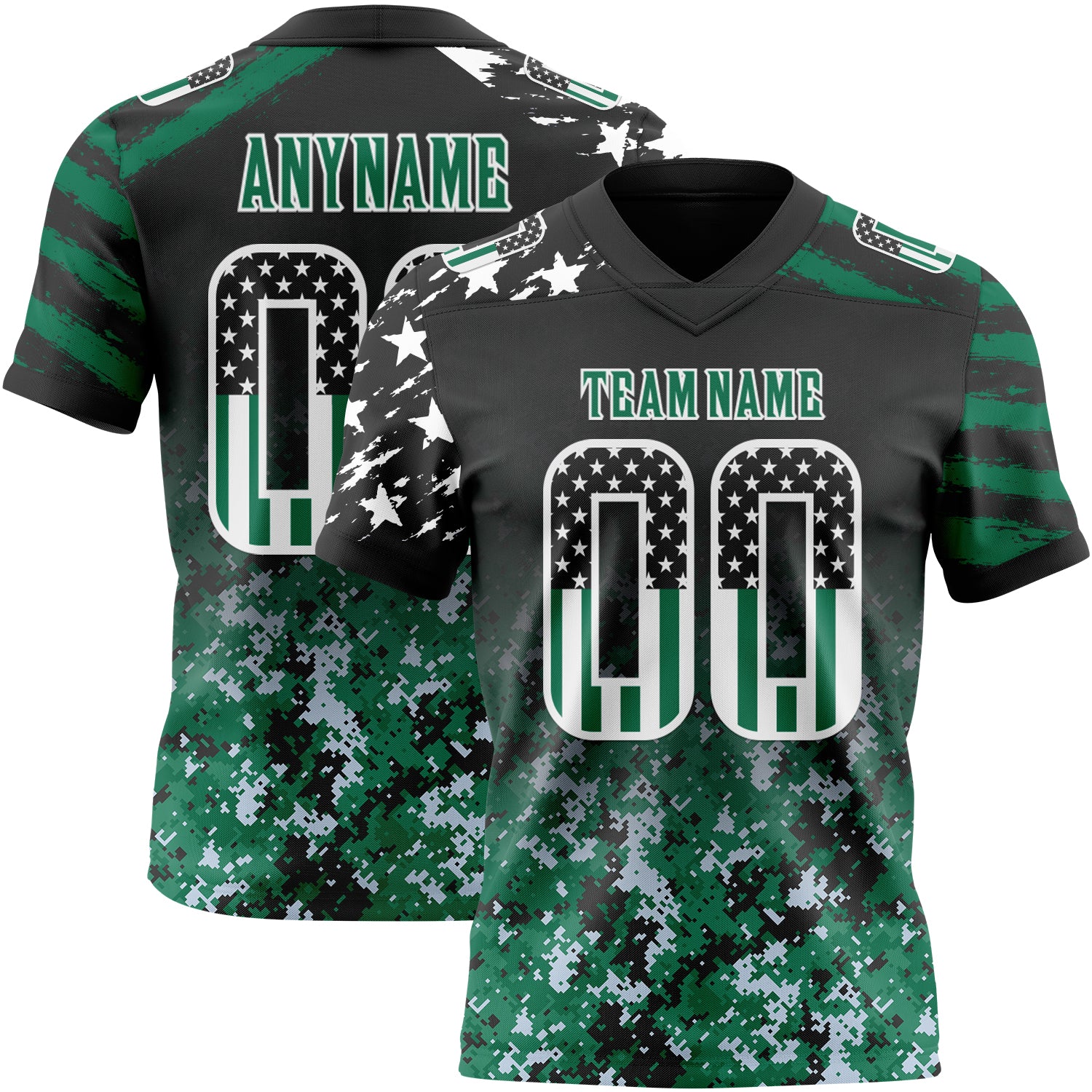 Custom Black USA Flag Camo White-Kelly Green Authentic Gradient Digital Camouflage Stars & Stripes Raglan Sleeves Football Jersey