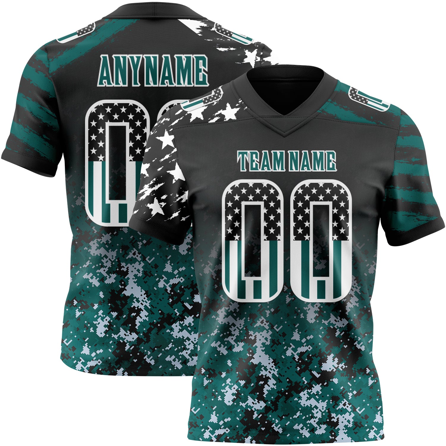 Custom Black USA Flag Camo White-Midnight Green Authentic Gradient Digital Camouflage Stars & Stripes Raglan Sleeves Football Jersey