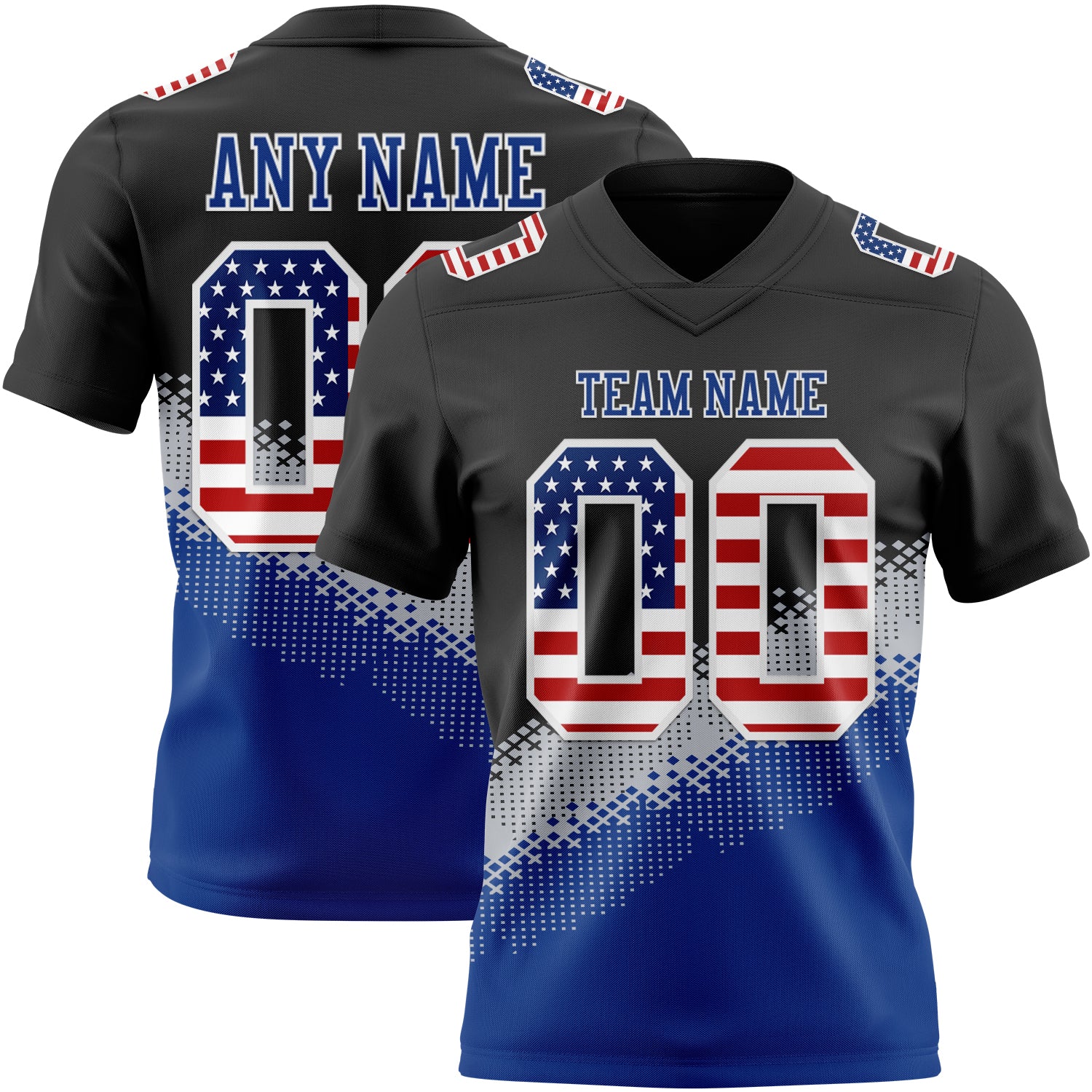 Custom Black USA Flag Gray Royal-White Authentic Geometric Gradient 7V7 Flag Football Jersey