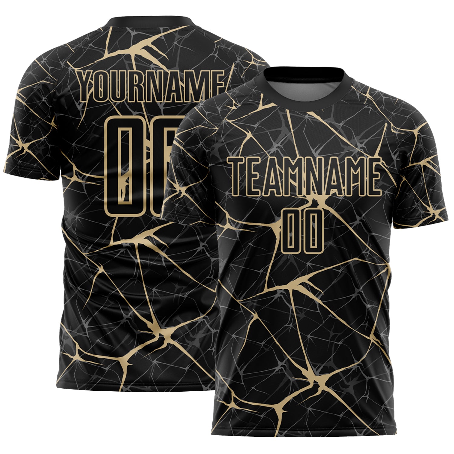 Custom Black-Vegas Gold Abstract Network Crackle Sublimation Soccer Uniform Jersey