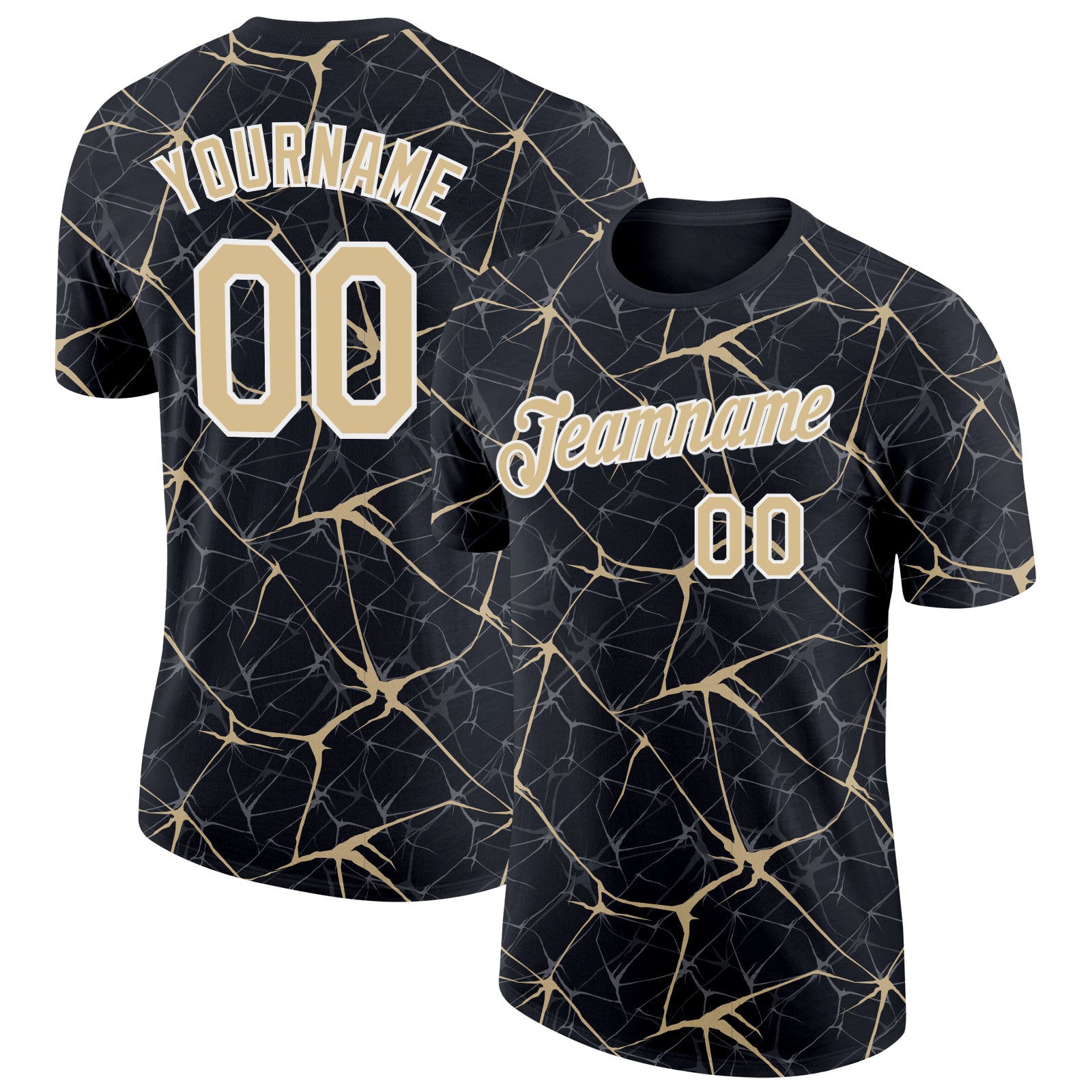 Custom Black Vegas Gold Gray-White Abstract Network Crackle Performance T-Shirt