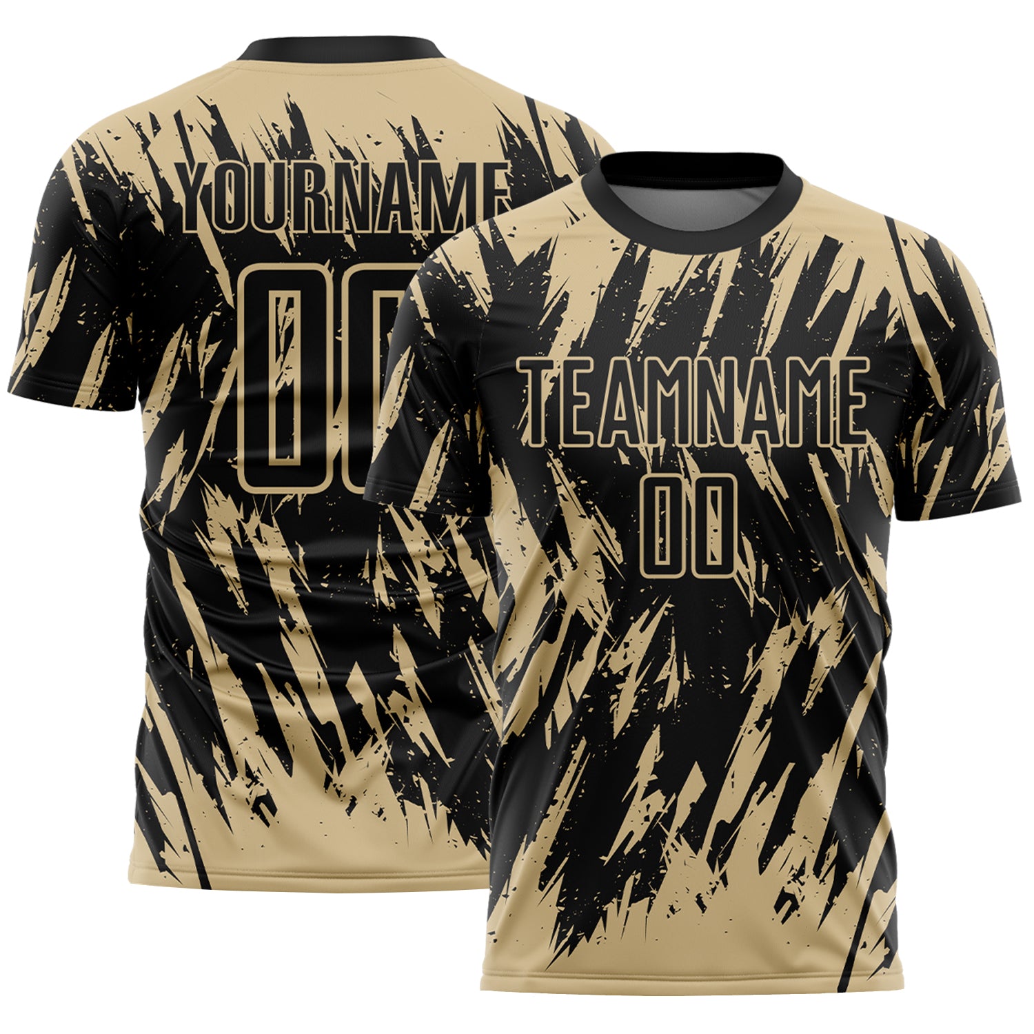Custom Black-Vegas Gold Splatter Torn Sharp Brush Stroke Sublimation Soccer Uniform Jersey