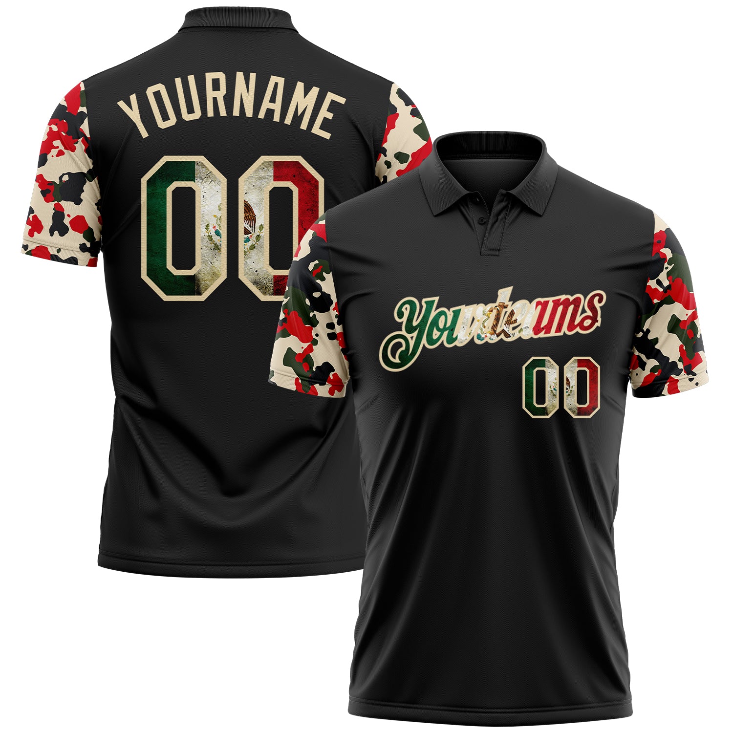 Custom Black Vintage Mexican Flag-Cream Camo Two Tone Patriotic Performance Polo Shirt