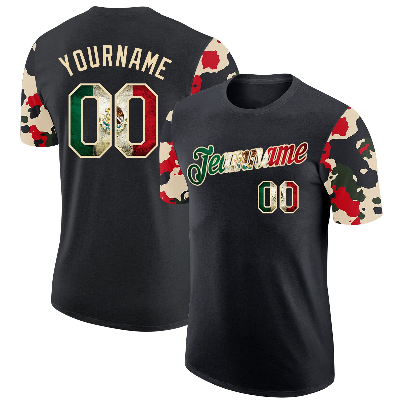 Custom Black Vintage Mexican Flag-Cream Camo Two Tone Performance T-Shirt