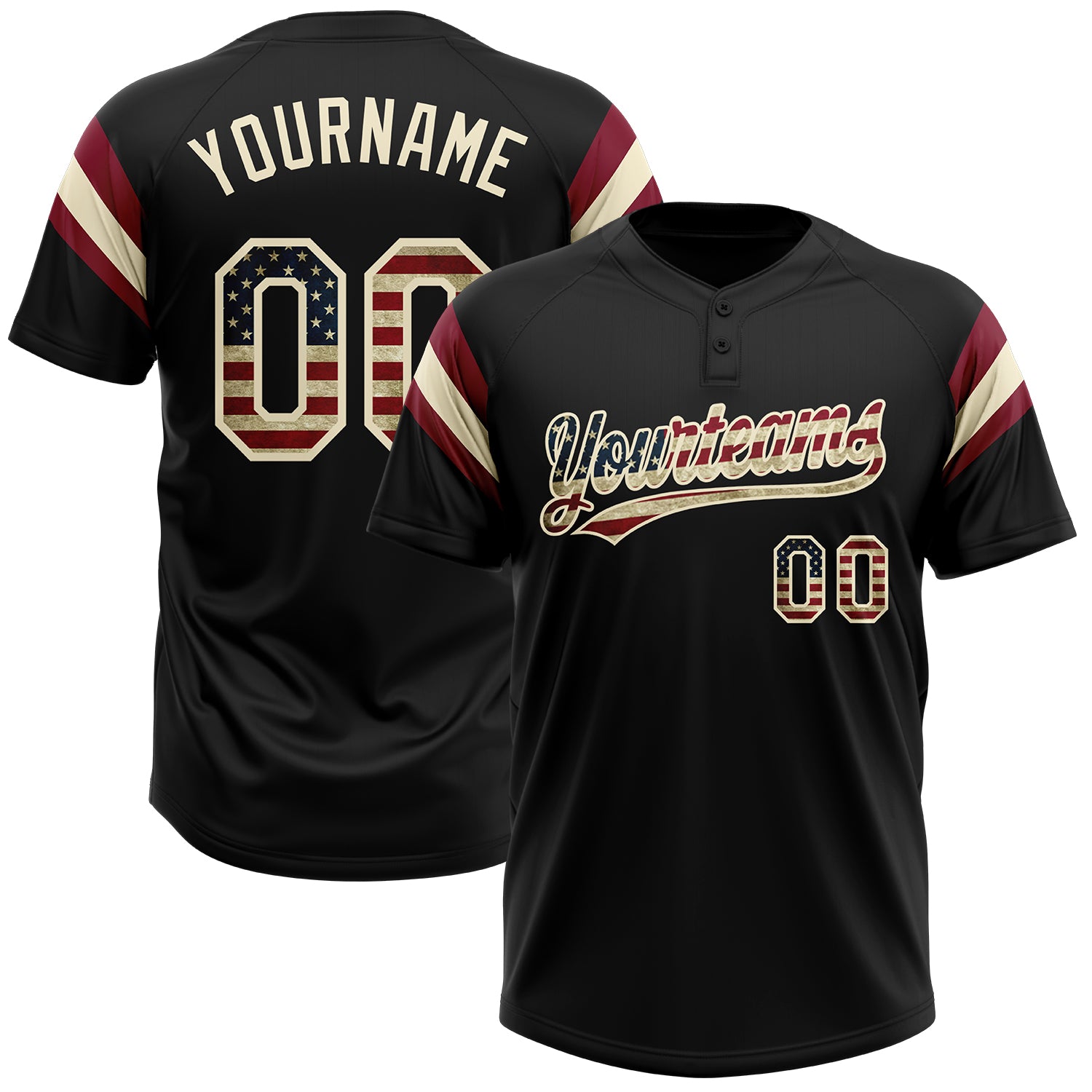 Custom Black Vintage USA Flag Cream-Crimson Raglan Sleeves Stripes Two-Button Unisex Softball Jersey