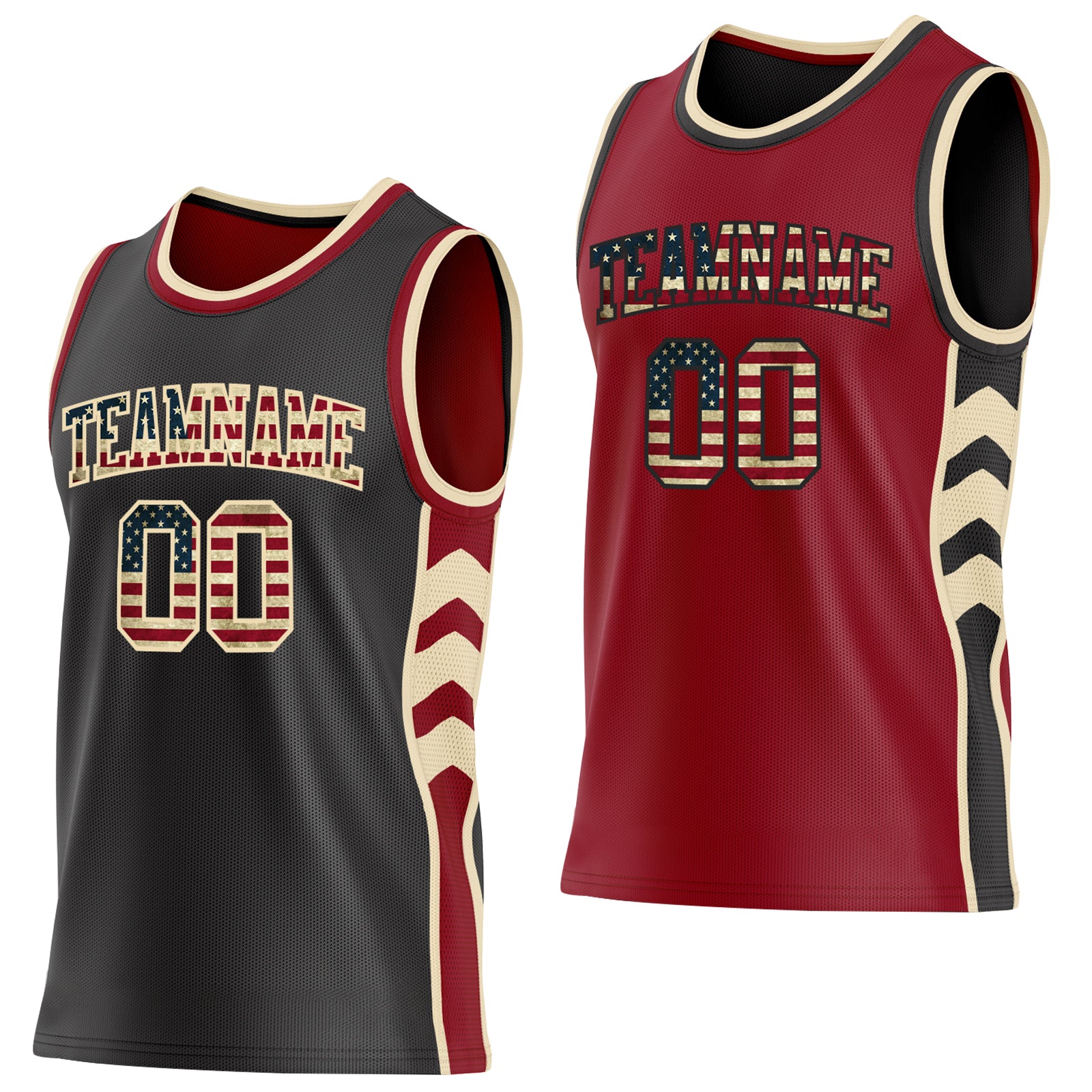 Custom Black Vintage USA Flag Cream-Maroon Side Panel Geometric Chevron Reversible Double Side Sublimation Basketball Set Jersey