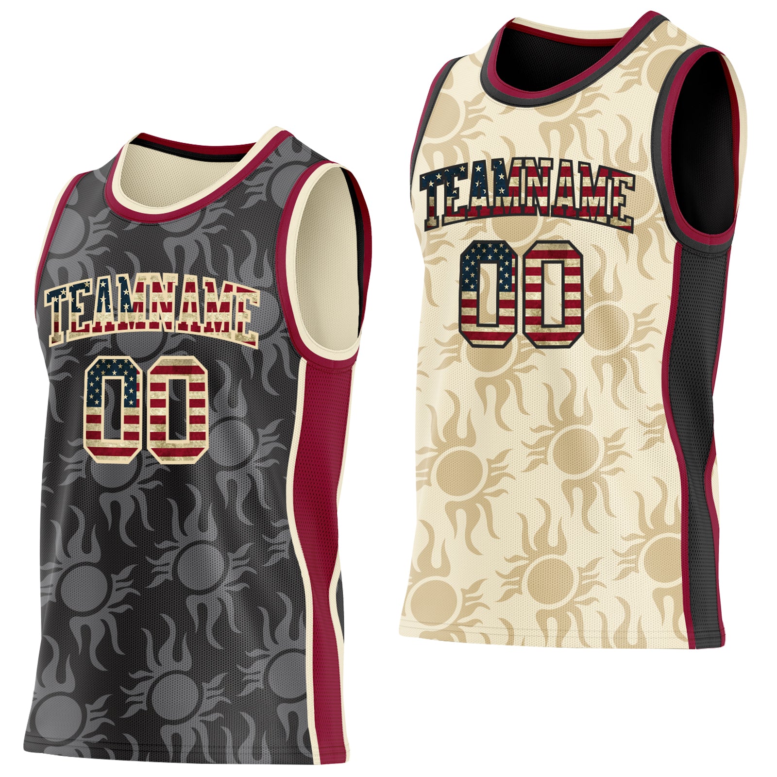 Custom Black Vintage USA Flag Cream-Maroon Side Panel Stripe Sun Flame Reversible Double Side Sublimation Basketball Set Jersey