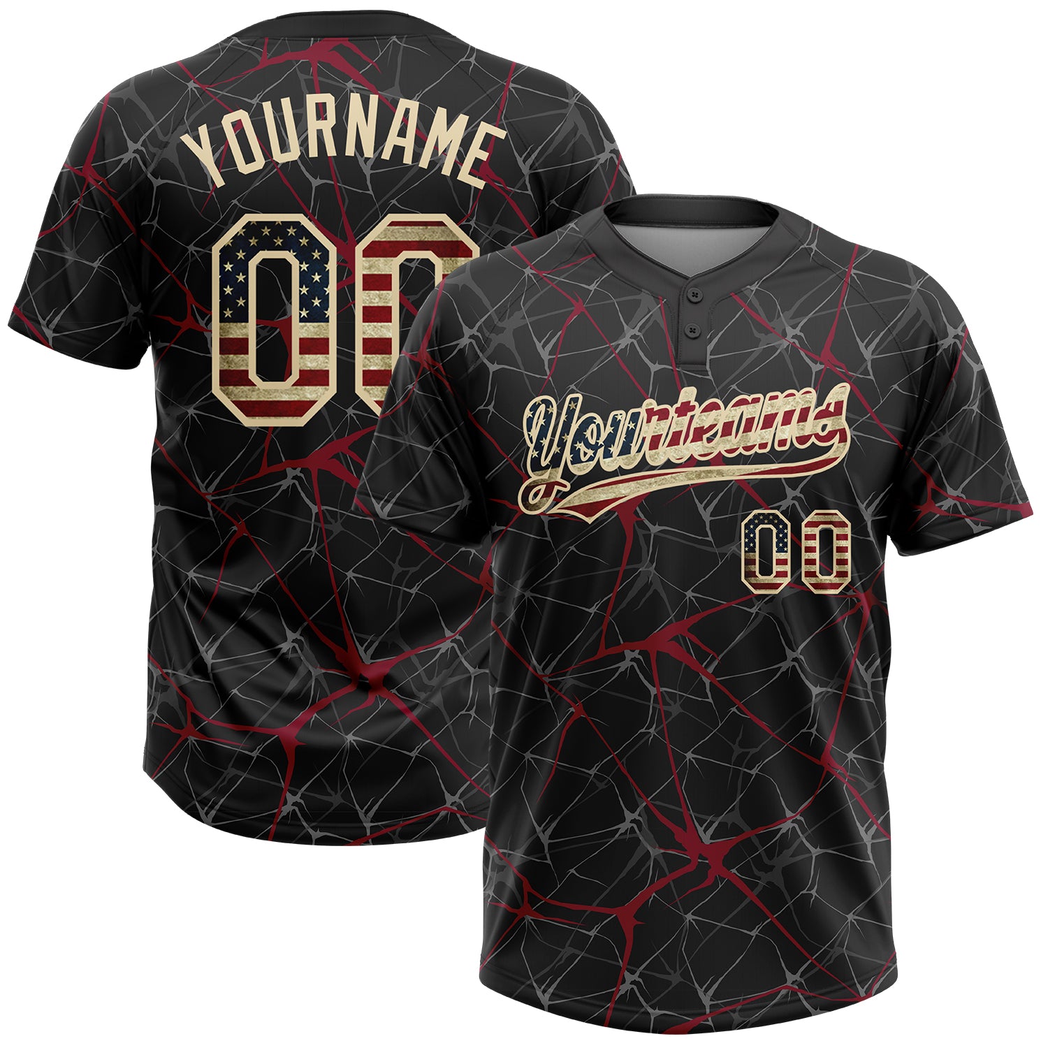 Custom Black Vintage USA Flag Crimson-Cream 3D Pattern Design Abstract Network Two-Button Unisex Softball Jersey