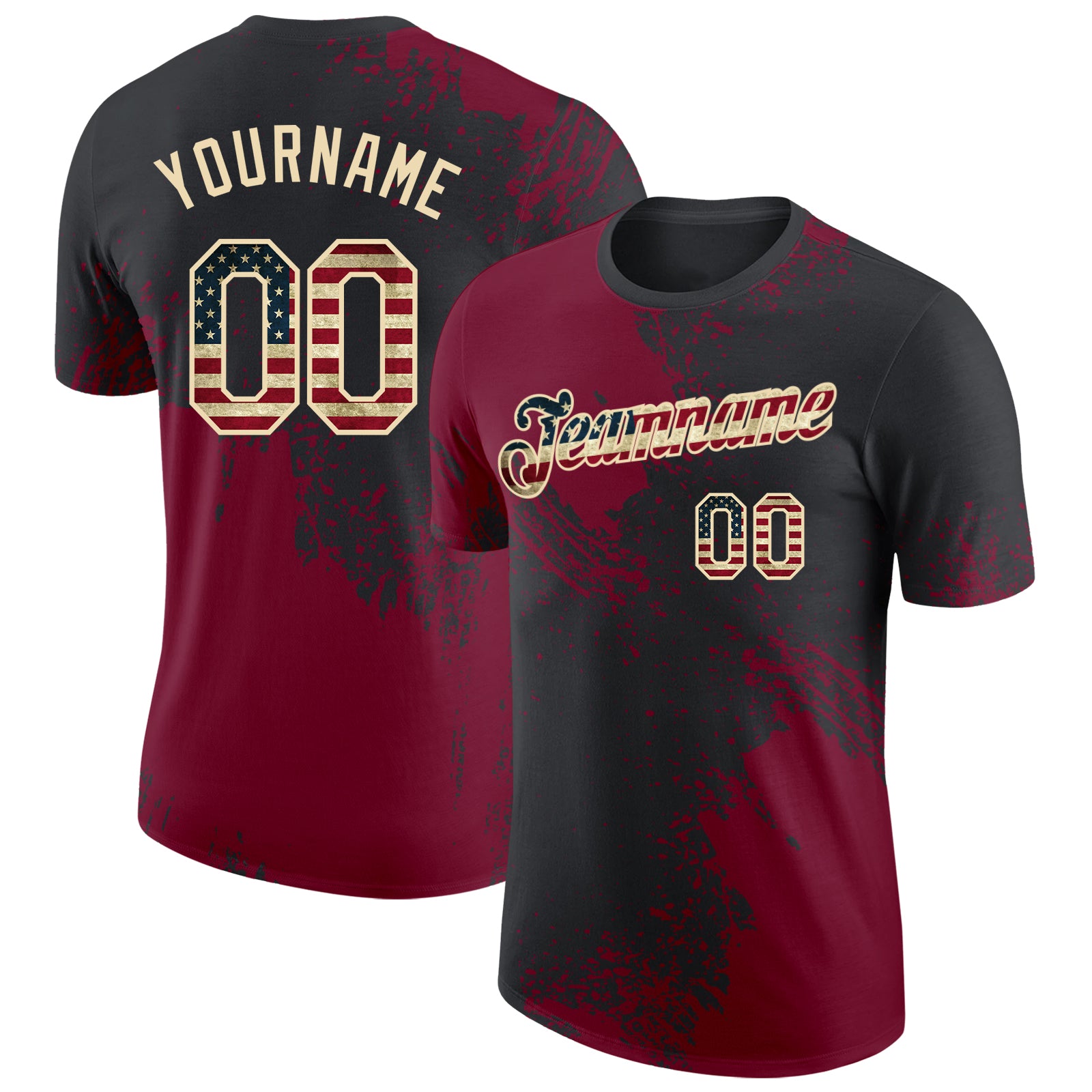 Custom Black Vintage USA Flag Crimson-Cream Abstract Brush Stroke Performance T-Shirt