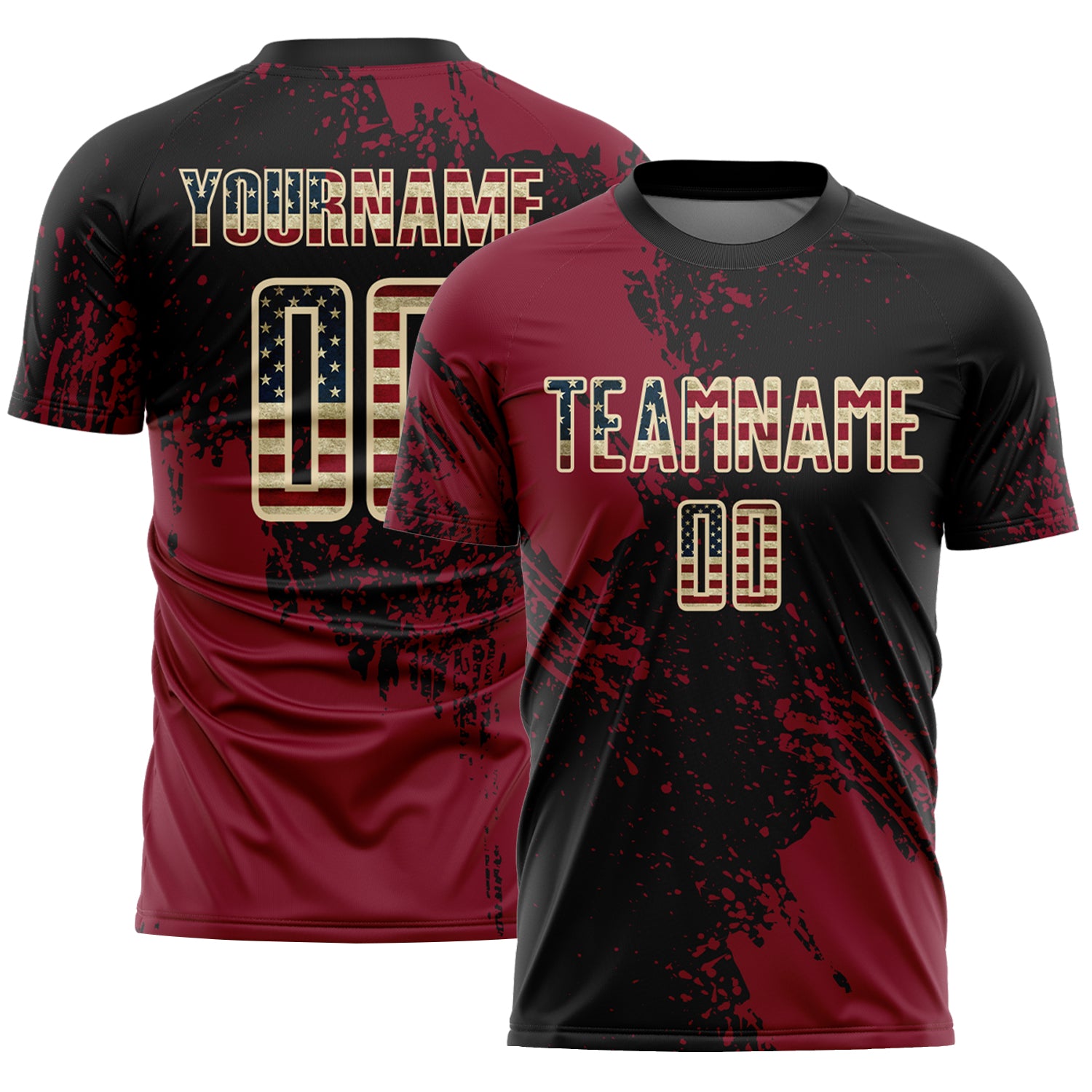 Custom Black Vintage USA Flag Crimson-Cream Abstract Brush Stroke Sports Sublimation Soccer Uniform Jersey