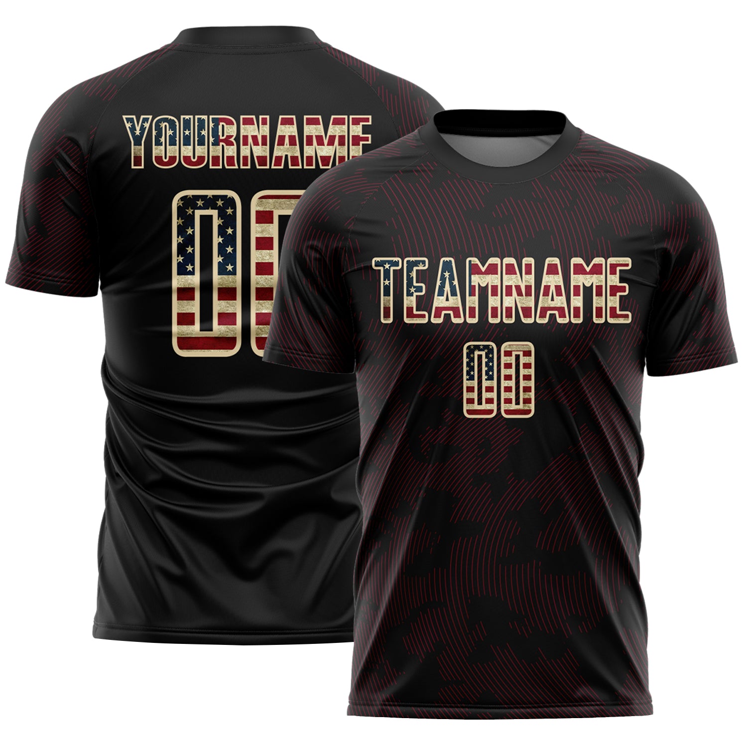 Custom Black Vintage USA Flag Crimson-Cream Curve Lines Sublimation Soccer Uniform Jersey
