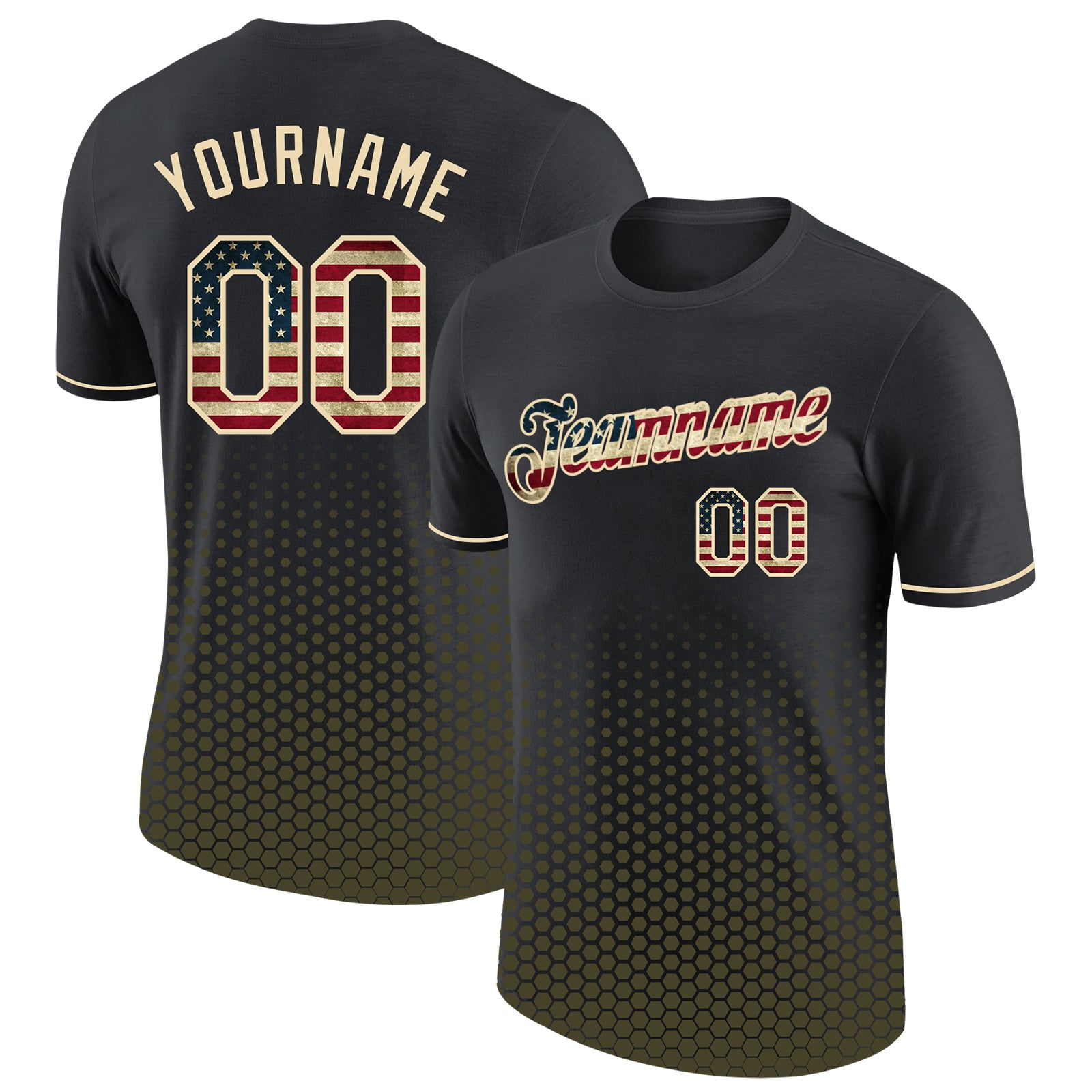 Custom Black Vintage USA Flag Olive-Cream Geometric Hexagonal Dot Gradient Performance T-Shirt