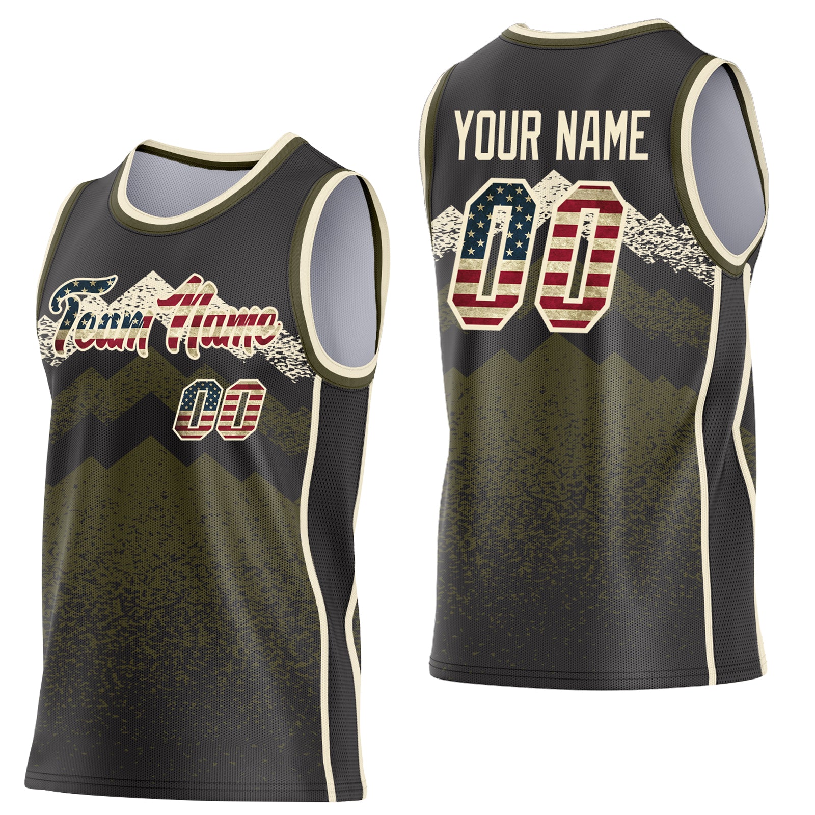 Custom Black Vintage USA Flag Olive-Cream Mountain Peak Shards Side Panel Stripe Round Neck Sublimation Basketball Set Jersey