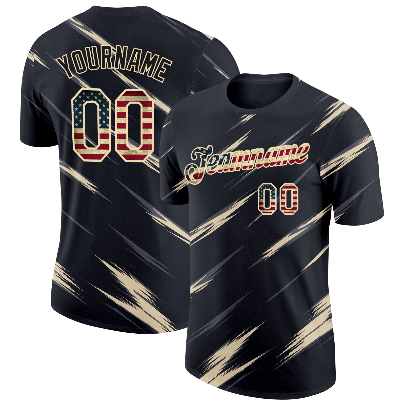 Custom Black Vintage USA Flag Steel Gray-Cream Abstract Brush Stroke Performance T-Shirt