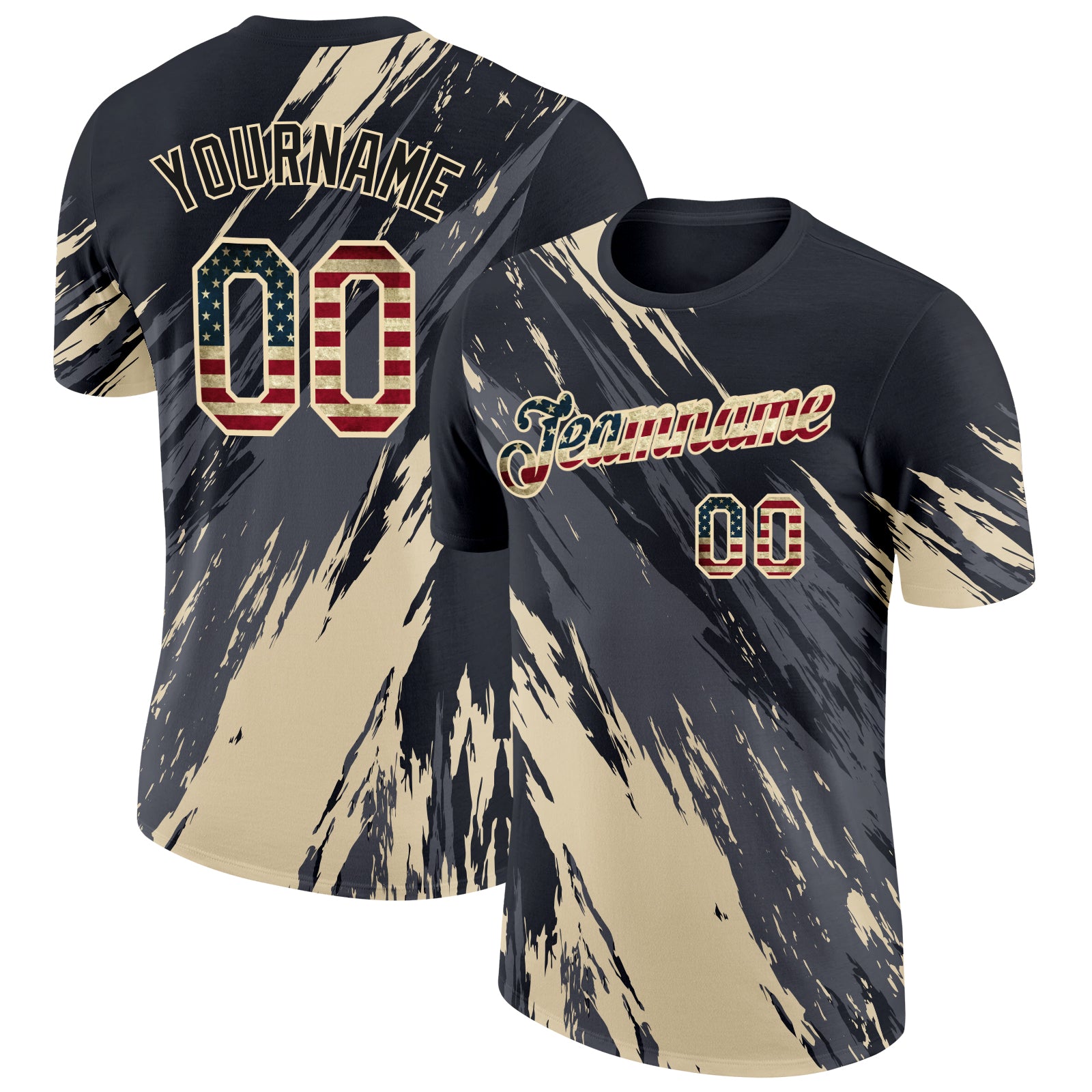 Custom Black Vintage USA Flag Steel Gray-Cream Abstract Brush Stroke Splatter Performance T-Shirt