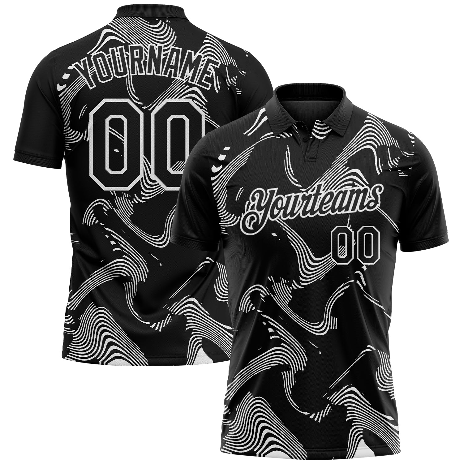 Custom Black-White 3D Pattern Abstract Fluid Swirl Line Performance Polo Shirt