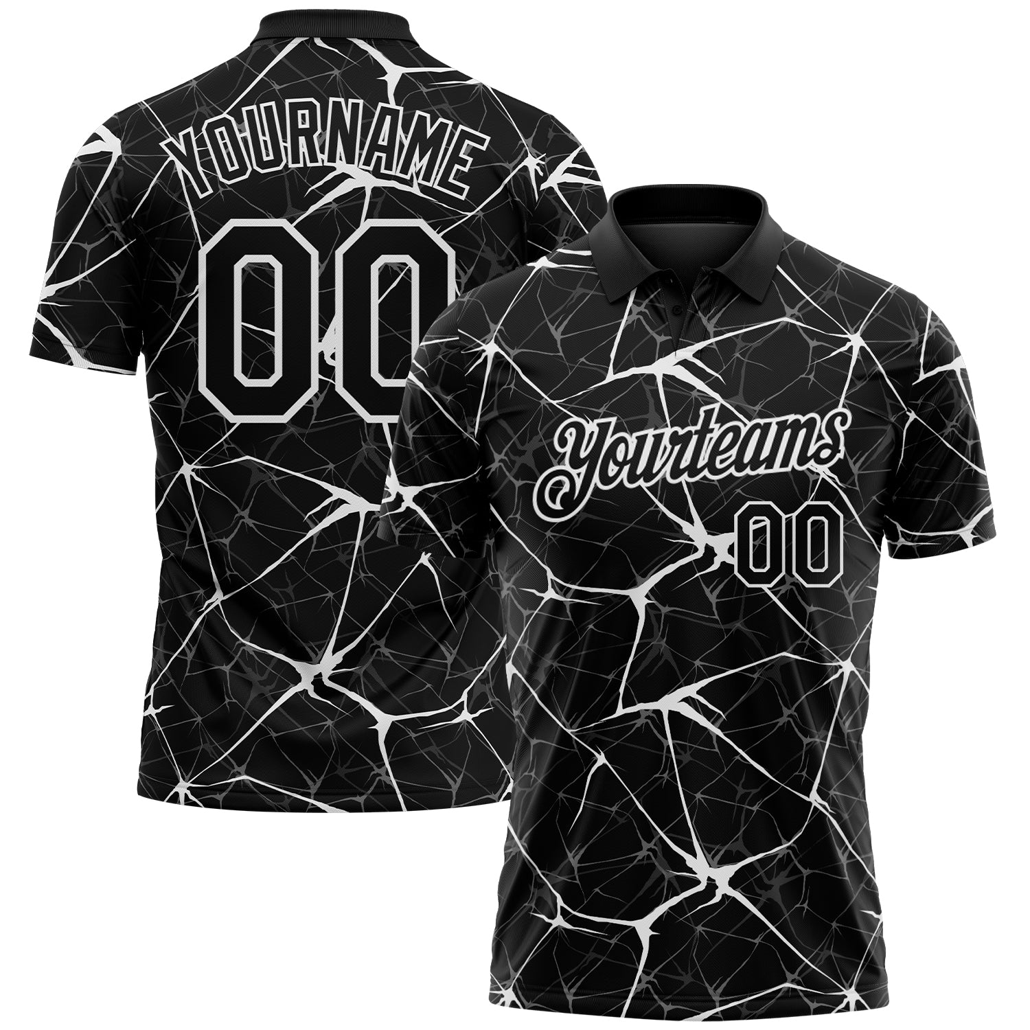 Custom Black-White 3D Pattern Abstract Network Crackle Performance Polo Shirt