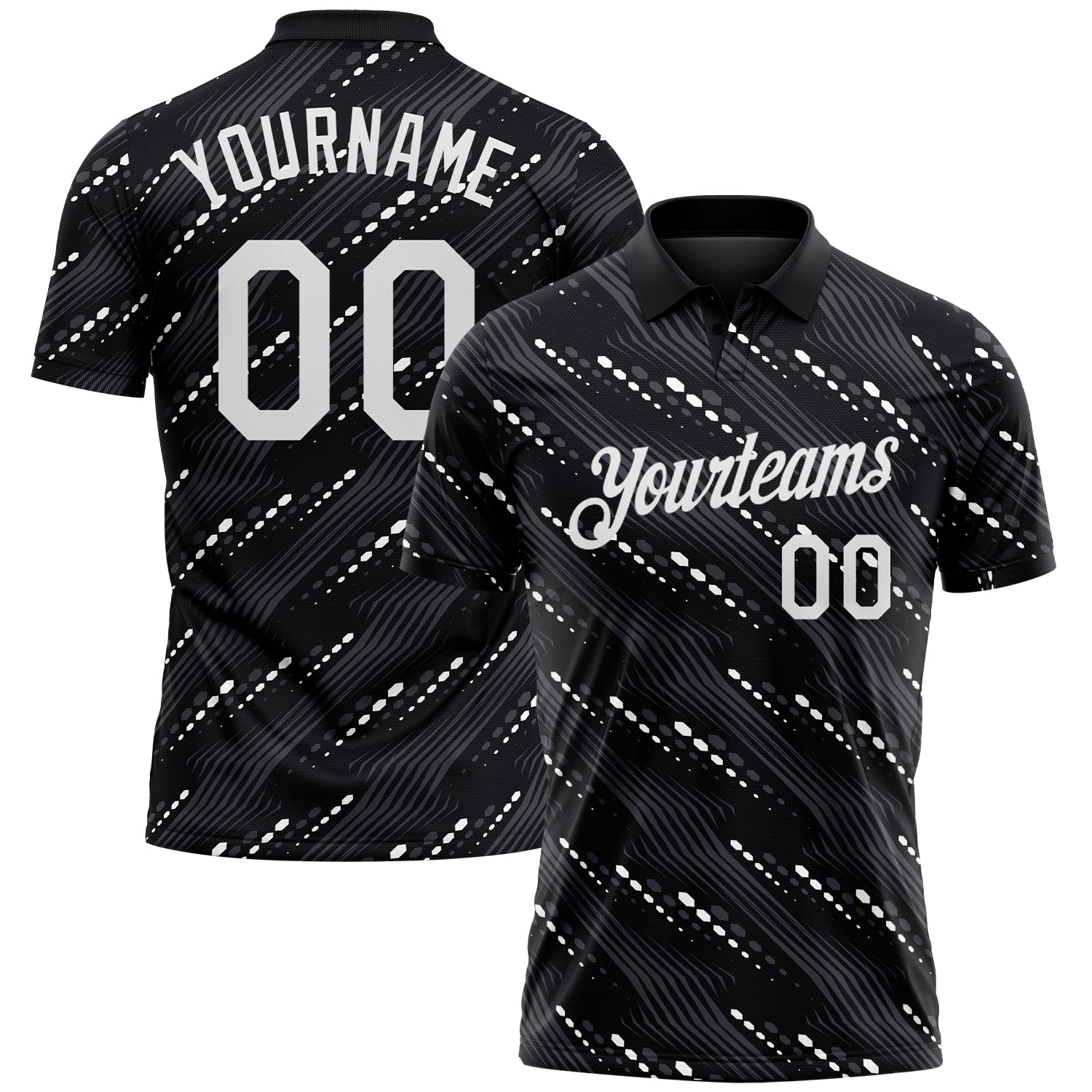 Custom Black-White 3D Pattern Slant Lines Cyber Mecha Tech Performance Polo Shirt