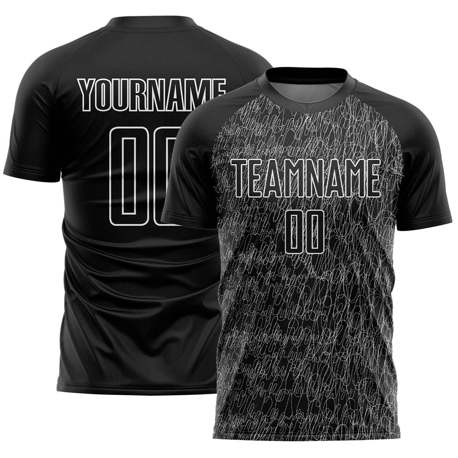 Custom Black White Abstract Scribble Curve Line Pattern Sports Sublimation Soccer Uniform Jersey