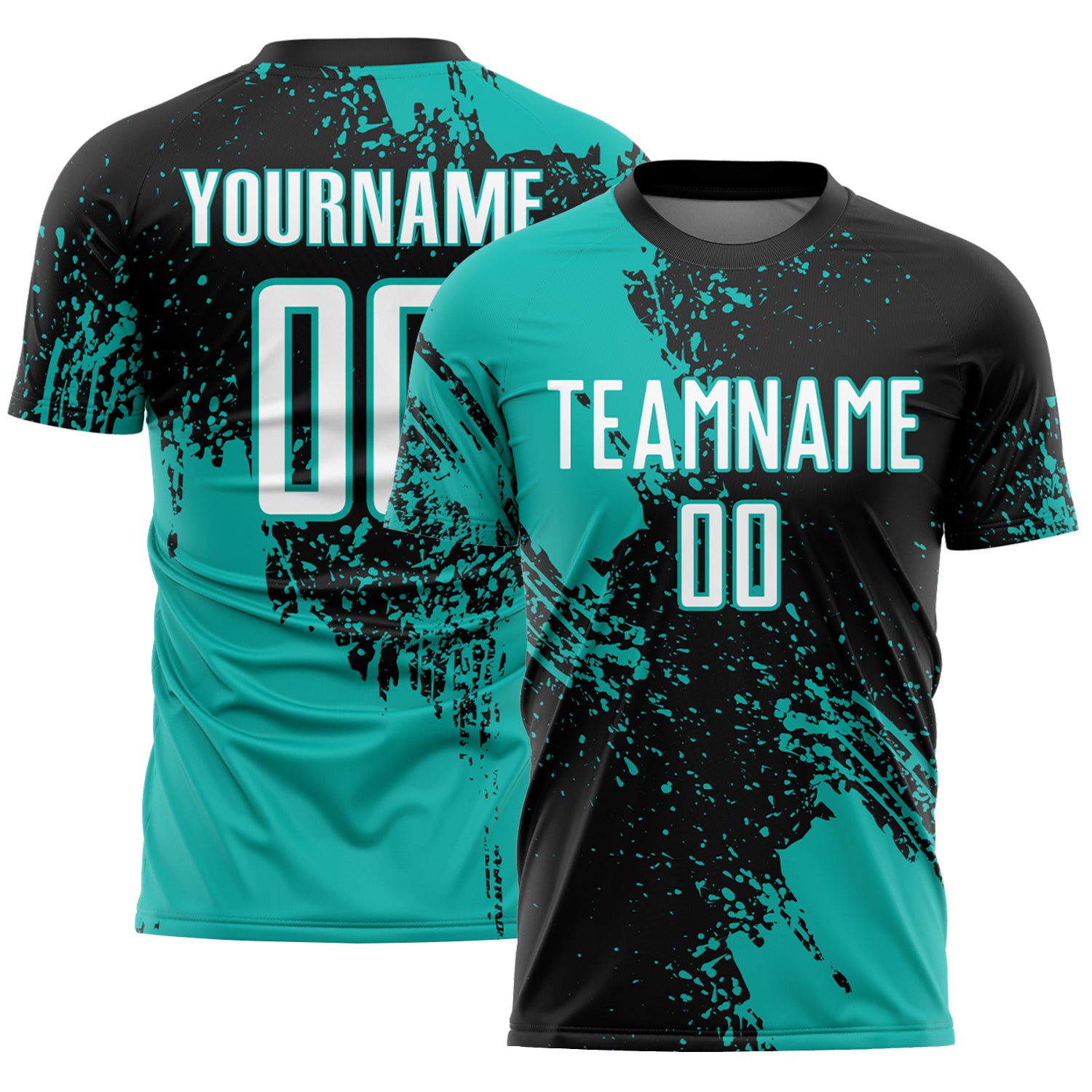 Custom Black White-Aqua Abstract Brush Stroke Sports Sublimation Soccer Uniform Jersey