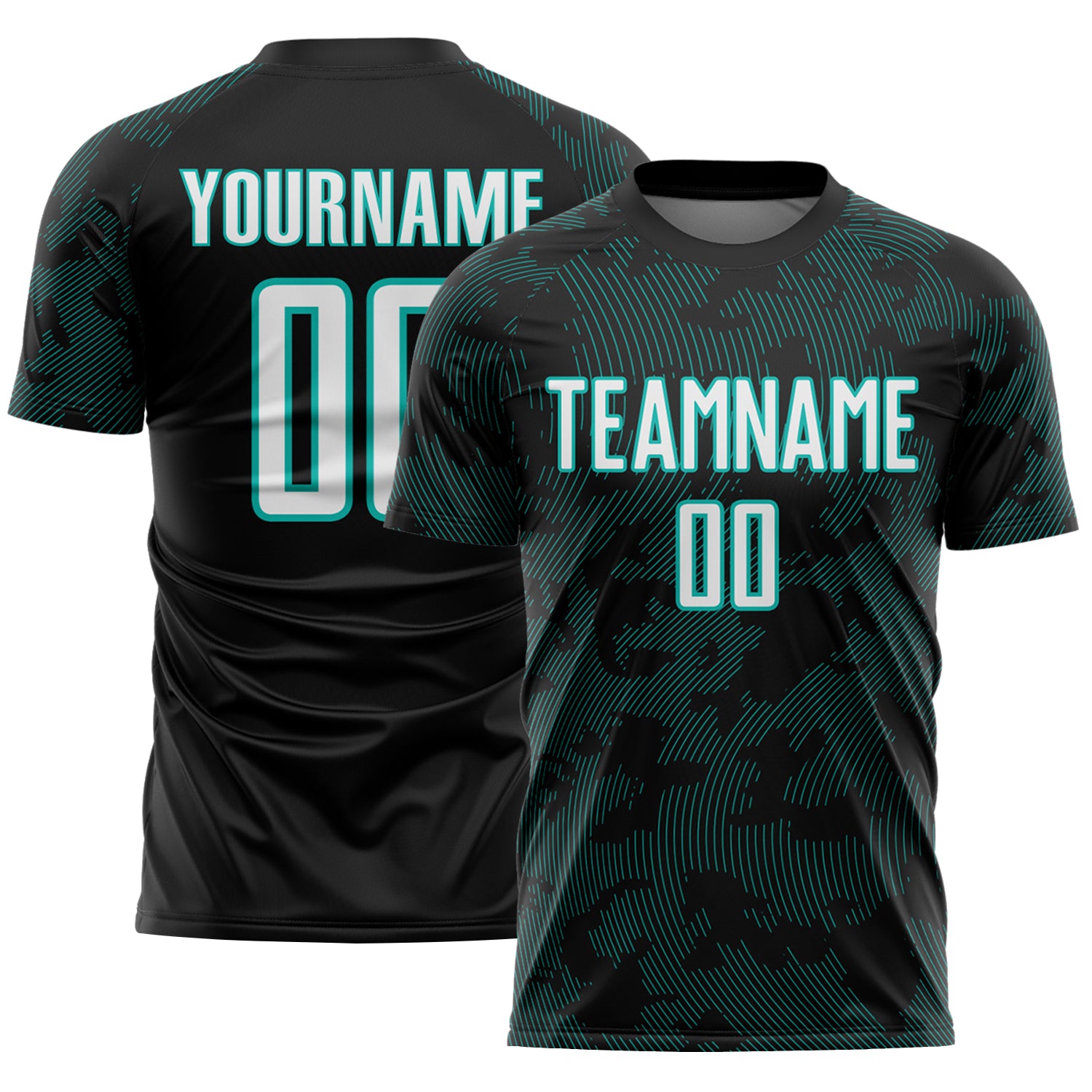 Custom Black White-Aqua Curve Lines Sublimation Soccer Uniform Jersey