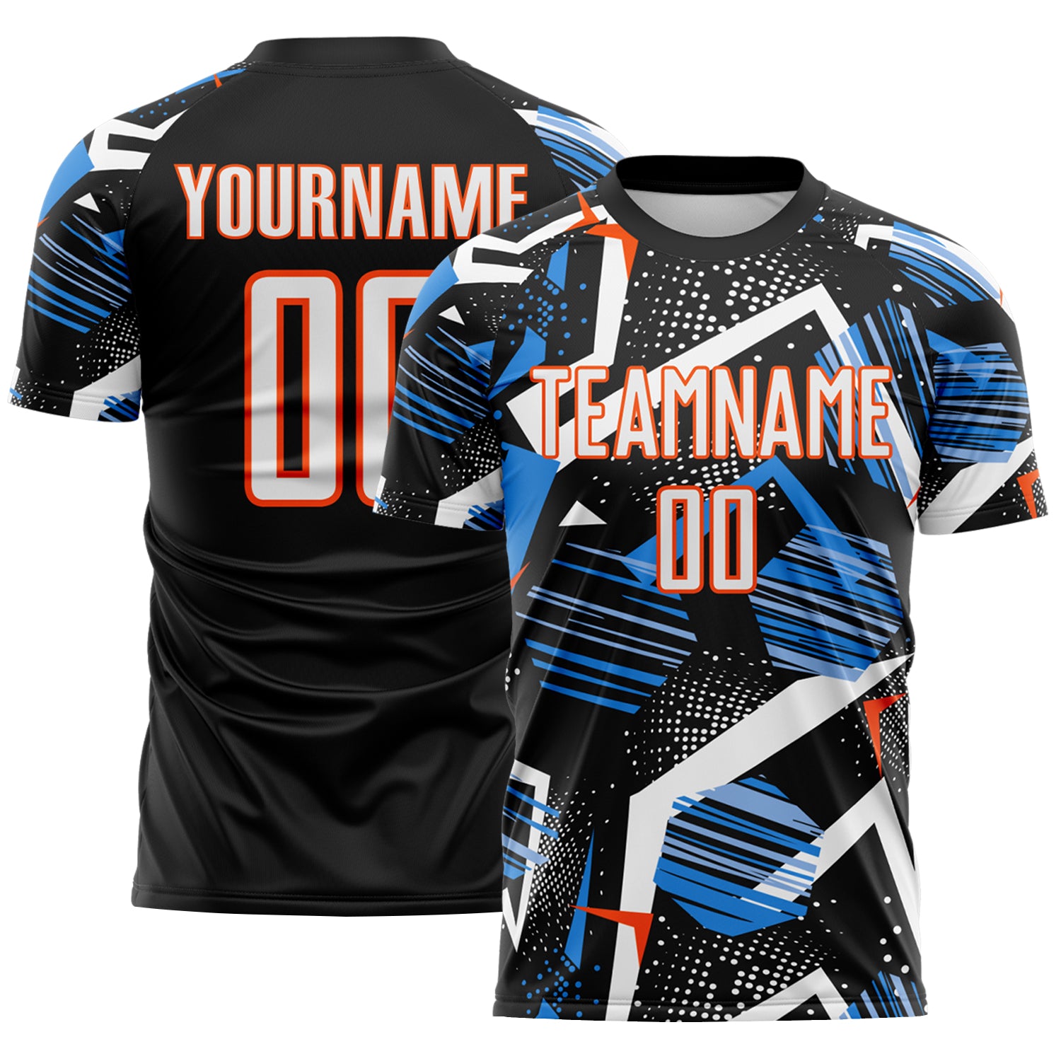Custom Black White Blue-Orange Geometric Asymmetry Shatter Sublimation Soccer Uniform Jersey