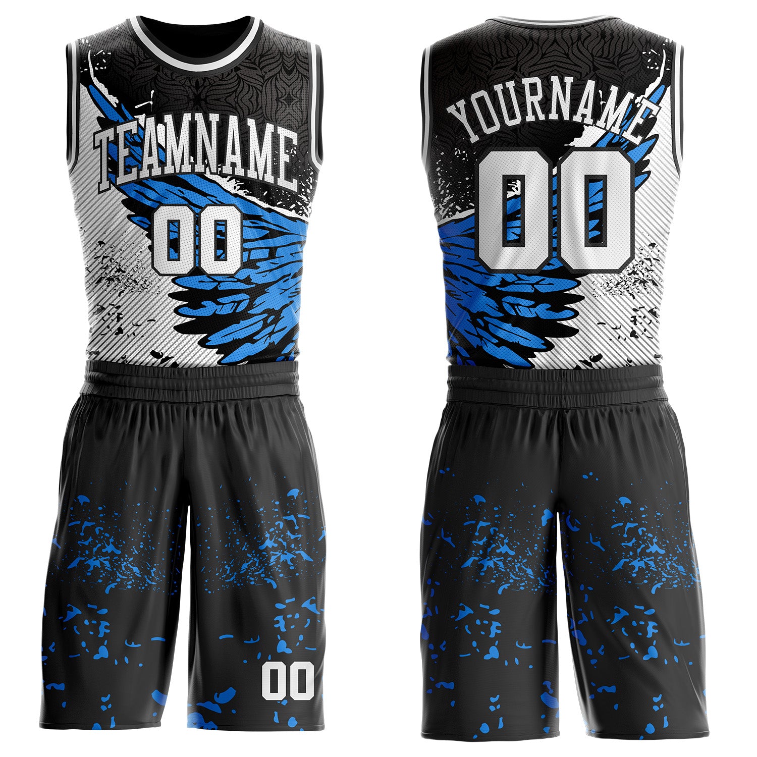 Custom Black White-Blue Wing Splash Ink Boho Style Round Neck Sublimation Basketball Uniform Jersey