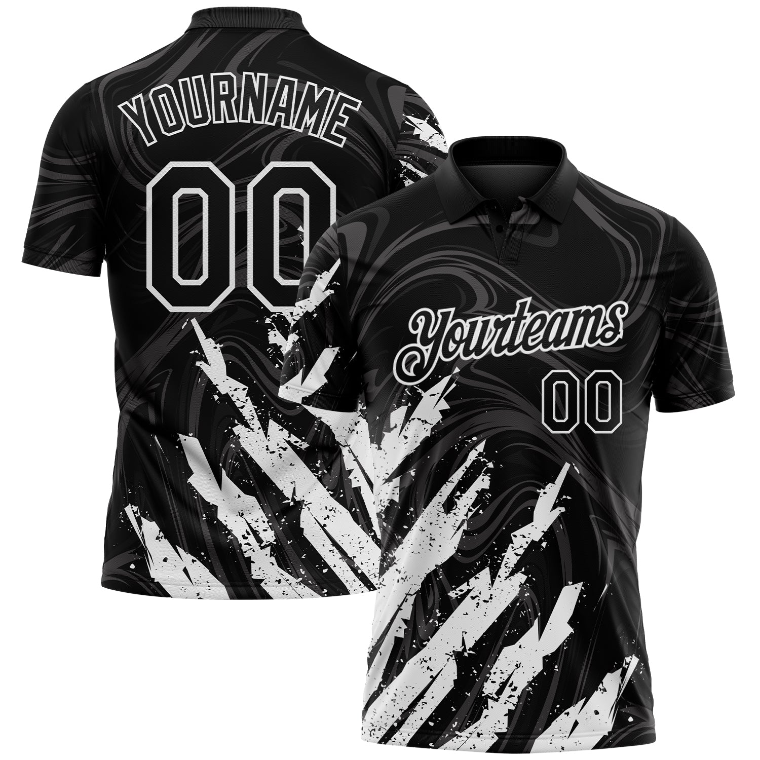 Custom Black-White Brush Stroke Splatter Liquid Swirl Performance Polo Shirt