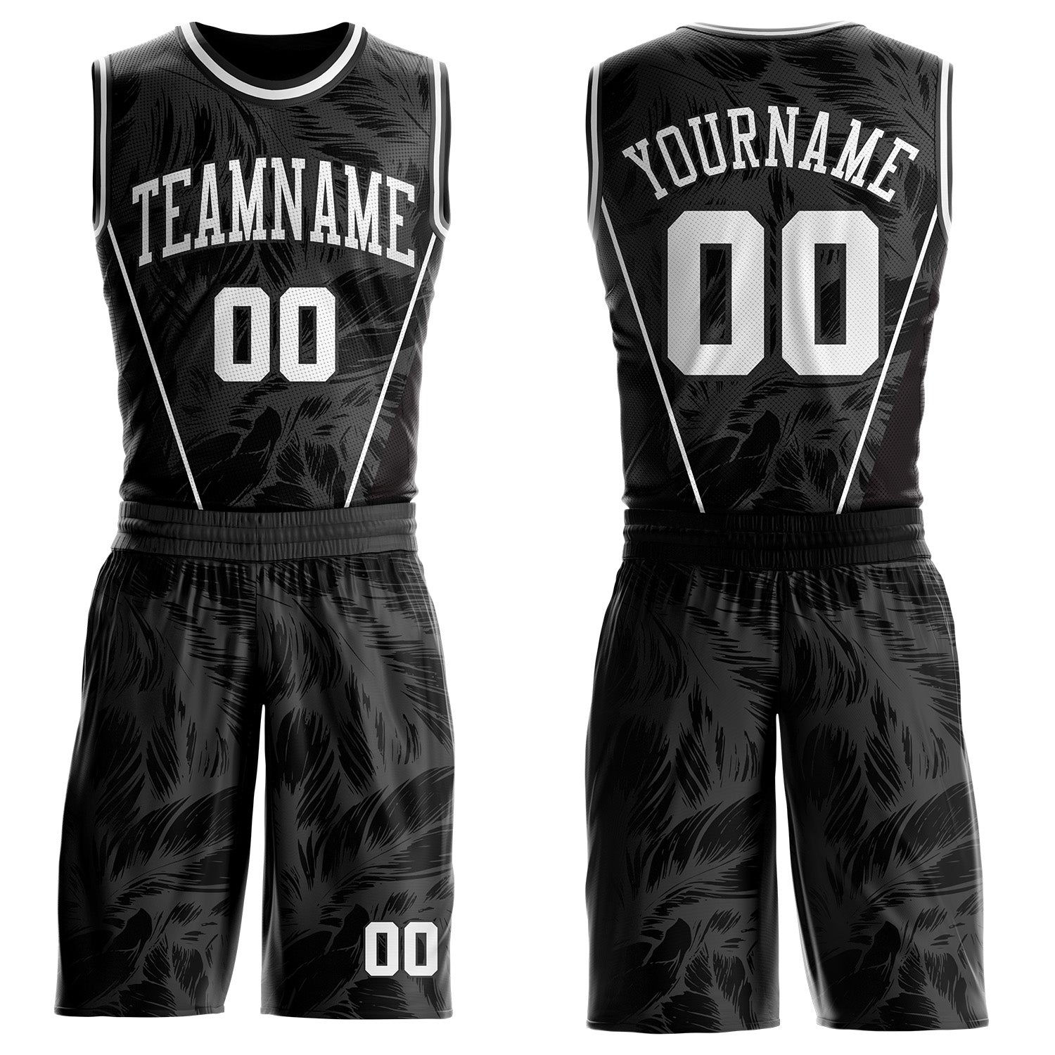 Custom Black-White Feather Wing Boho Style Round Neck Sublimation Basketball Uniform Jersey