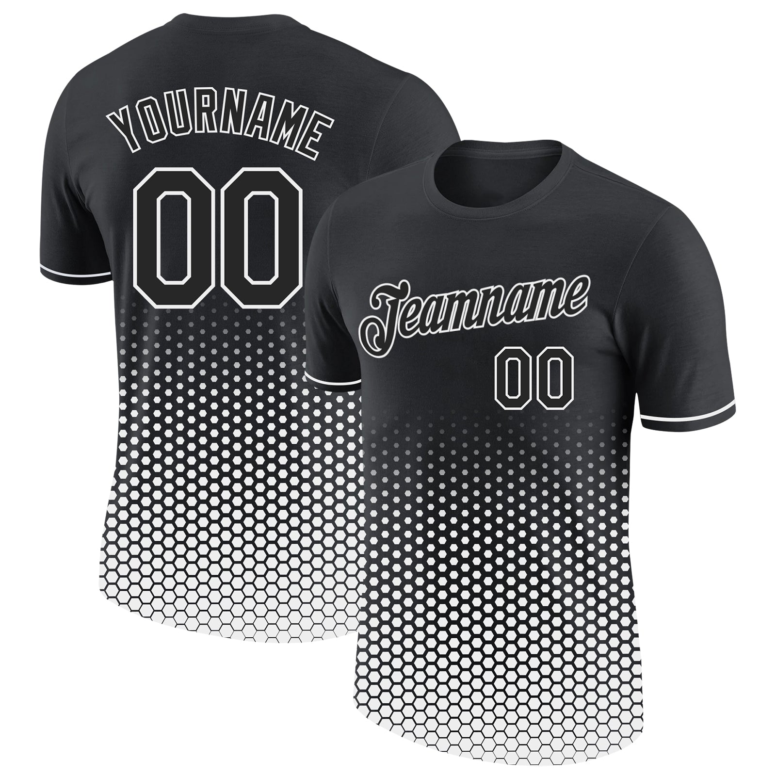 Custom Black-White Geometric Hexagonal Dot Gradient Performance T-Shirt