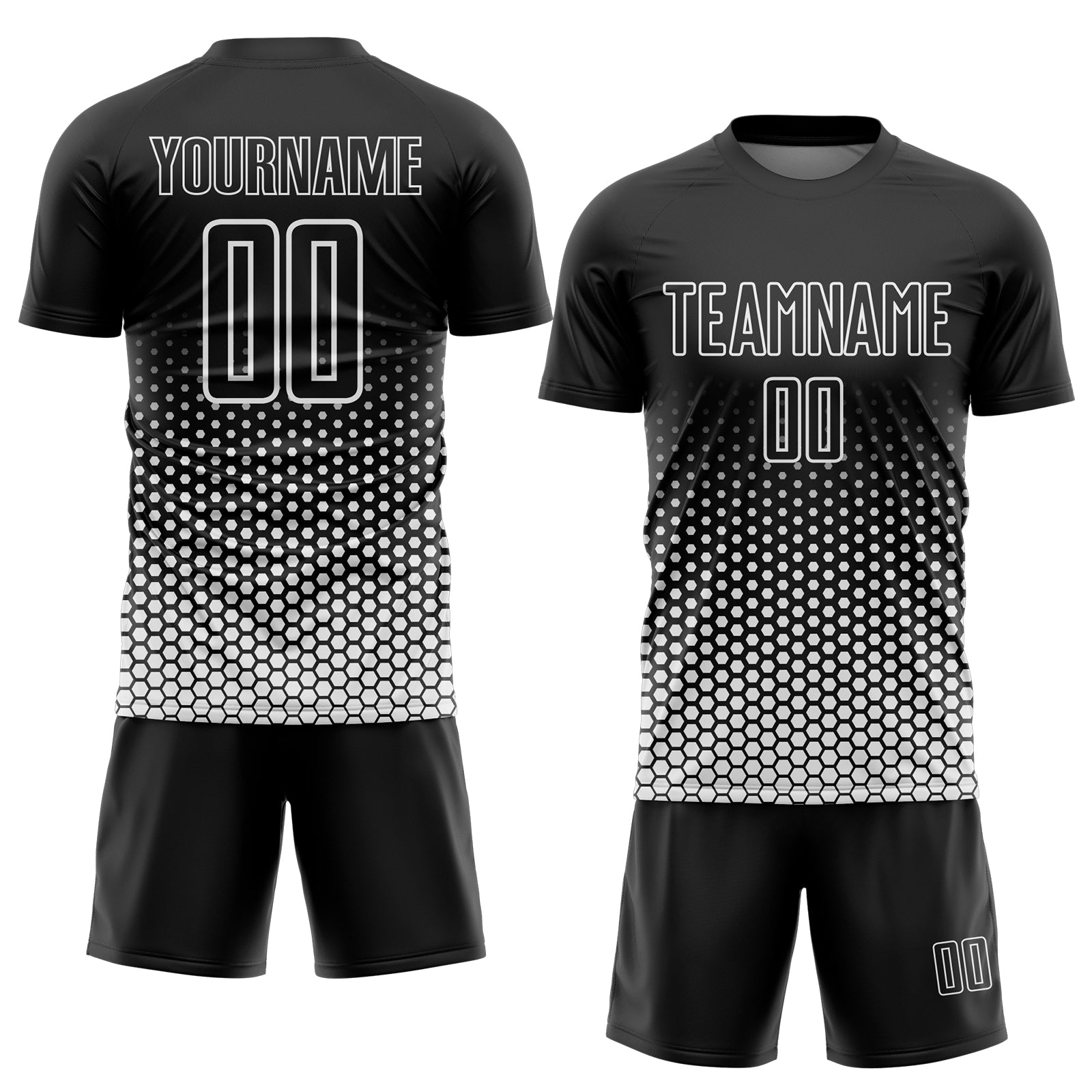 Custom Black-White Geometric Hexagonal Dot Gradient Sublimation Soccer Uniform Jersey