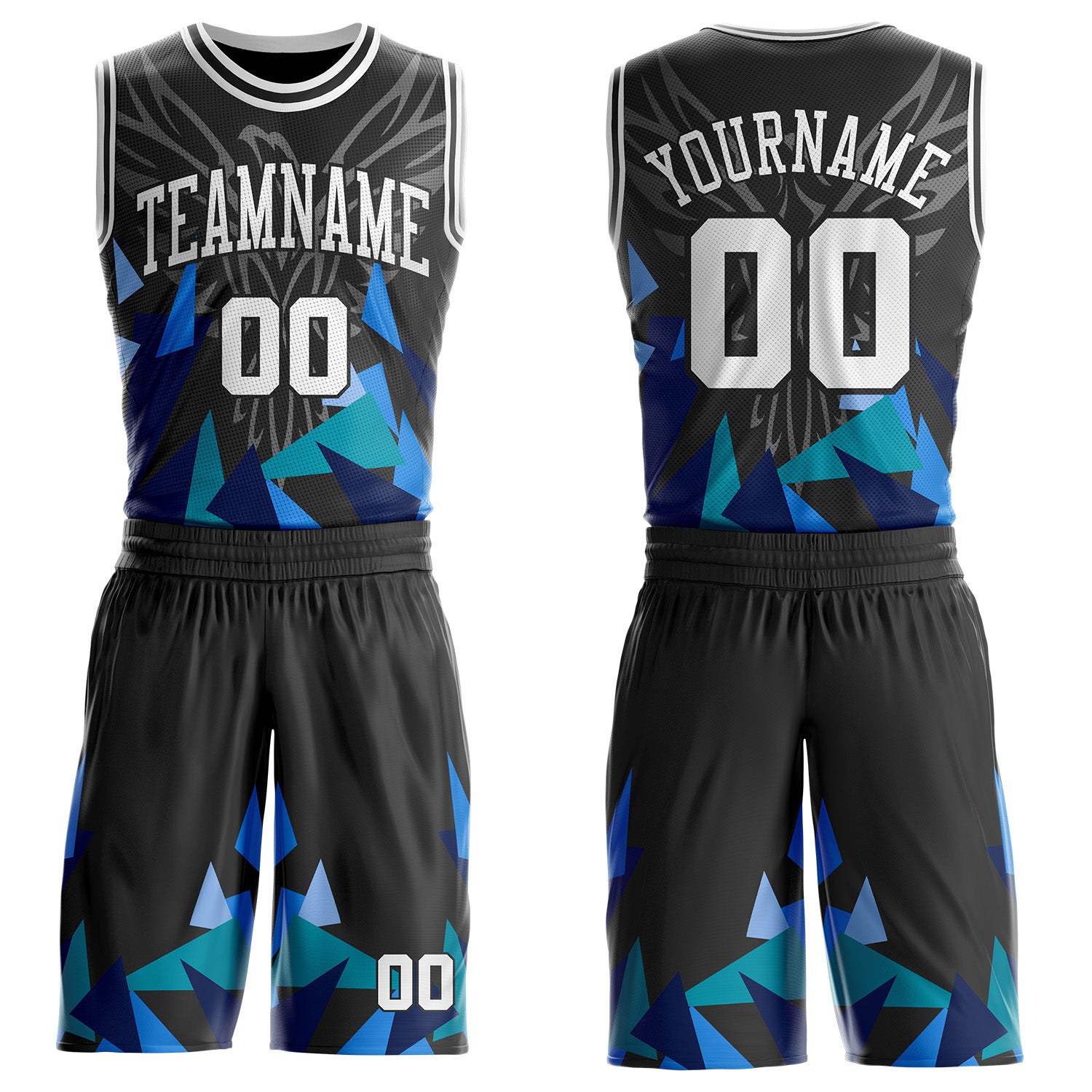 Custom Black-White Geometric Triangle Wing Boho Style Round Neck Sublimation Basketball Uniform Jersey