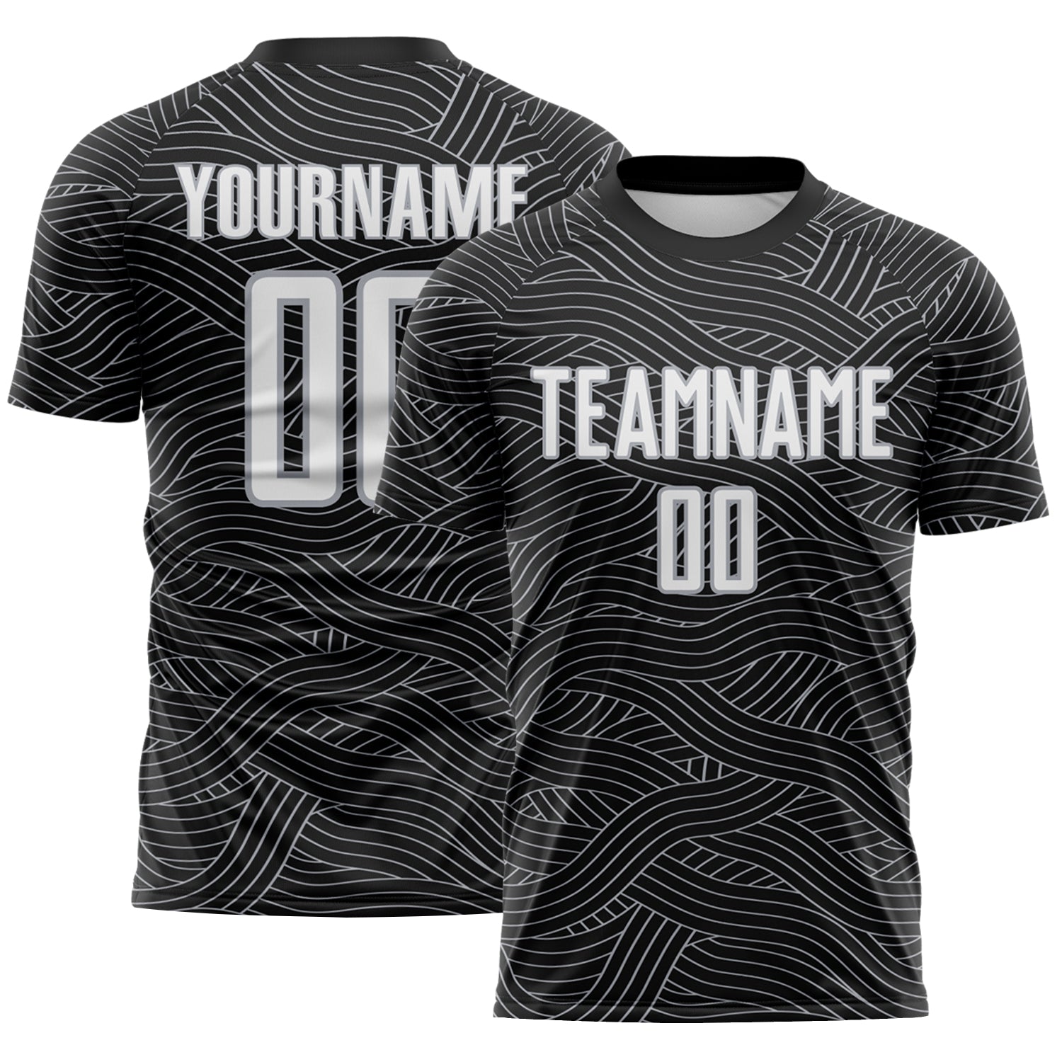 Custom Black White-Gray Abstract Wave Lines Interlocking Sublimation Soccer Uniform Jersey