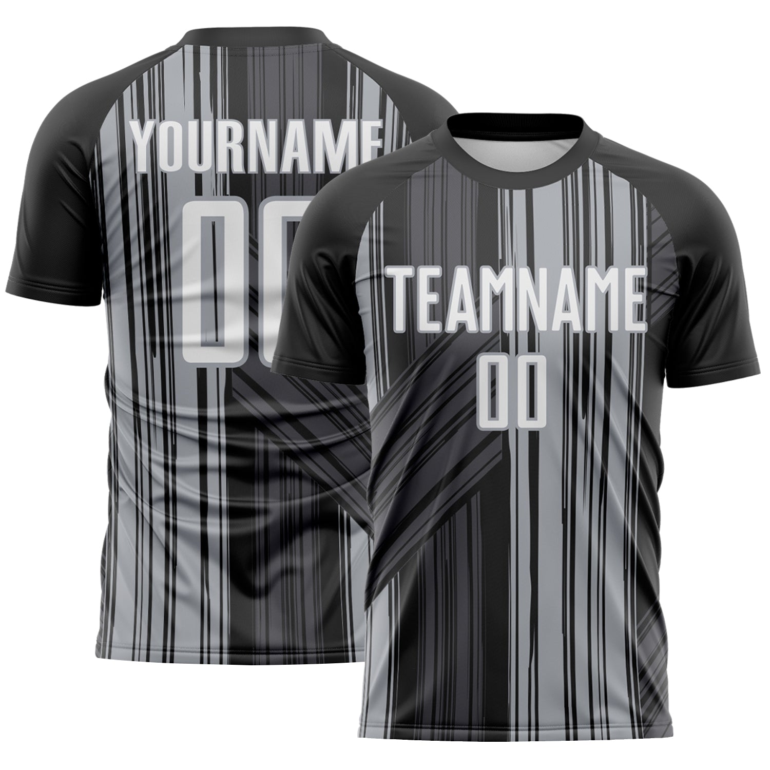 Custom Black White-Gray Brush Stroke Fluid Stripes Sublimation Soccer Uniform Jersey