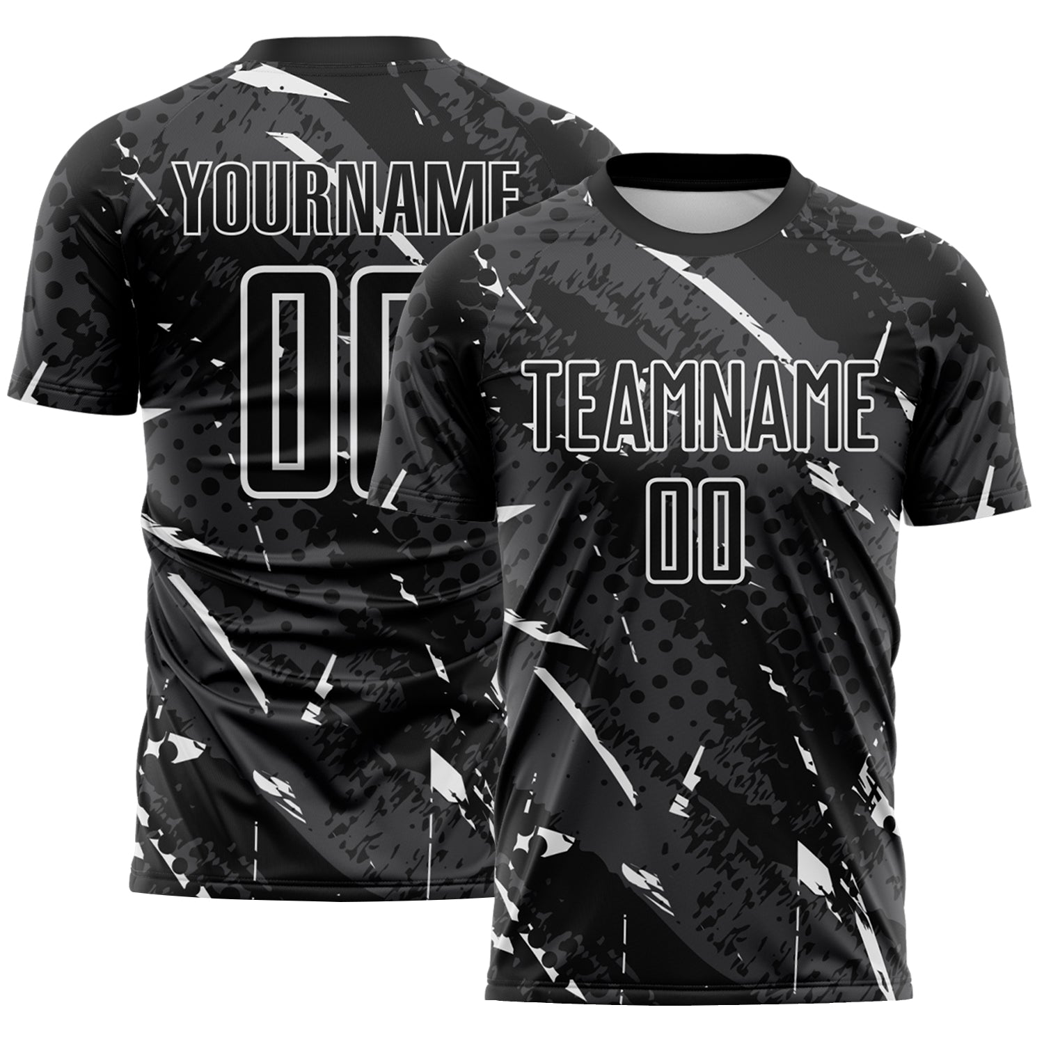 Custom Black White-Gray Brush Stroke Slashes And Dot Grid Sublimation Soccer Uniform Jersey