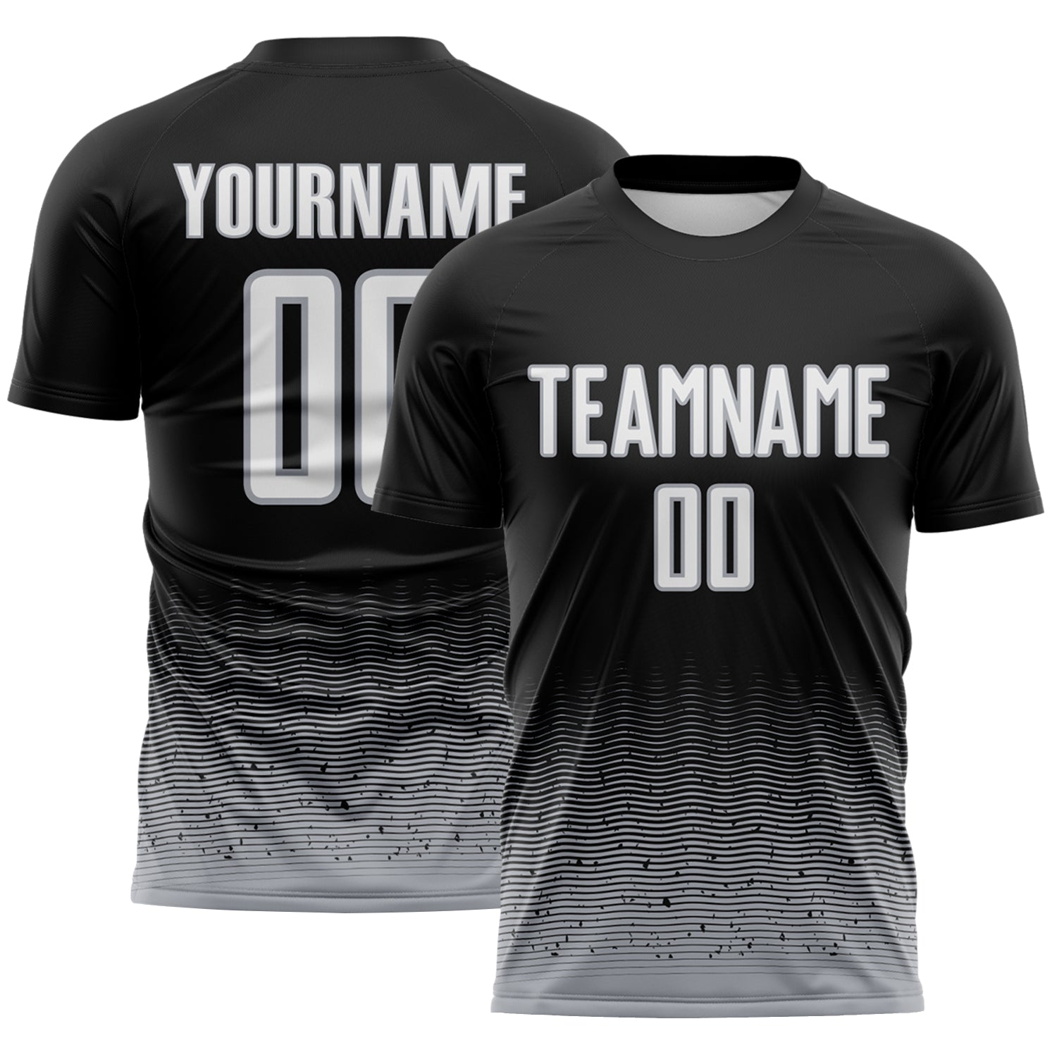 Custom Black White-Gray Fade Wave Lines Splatter Sublimation Soccer Uniform Jersey