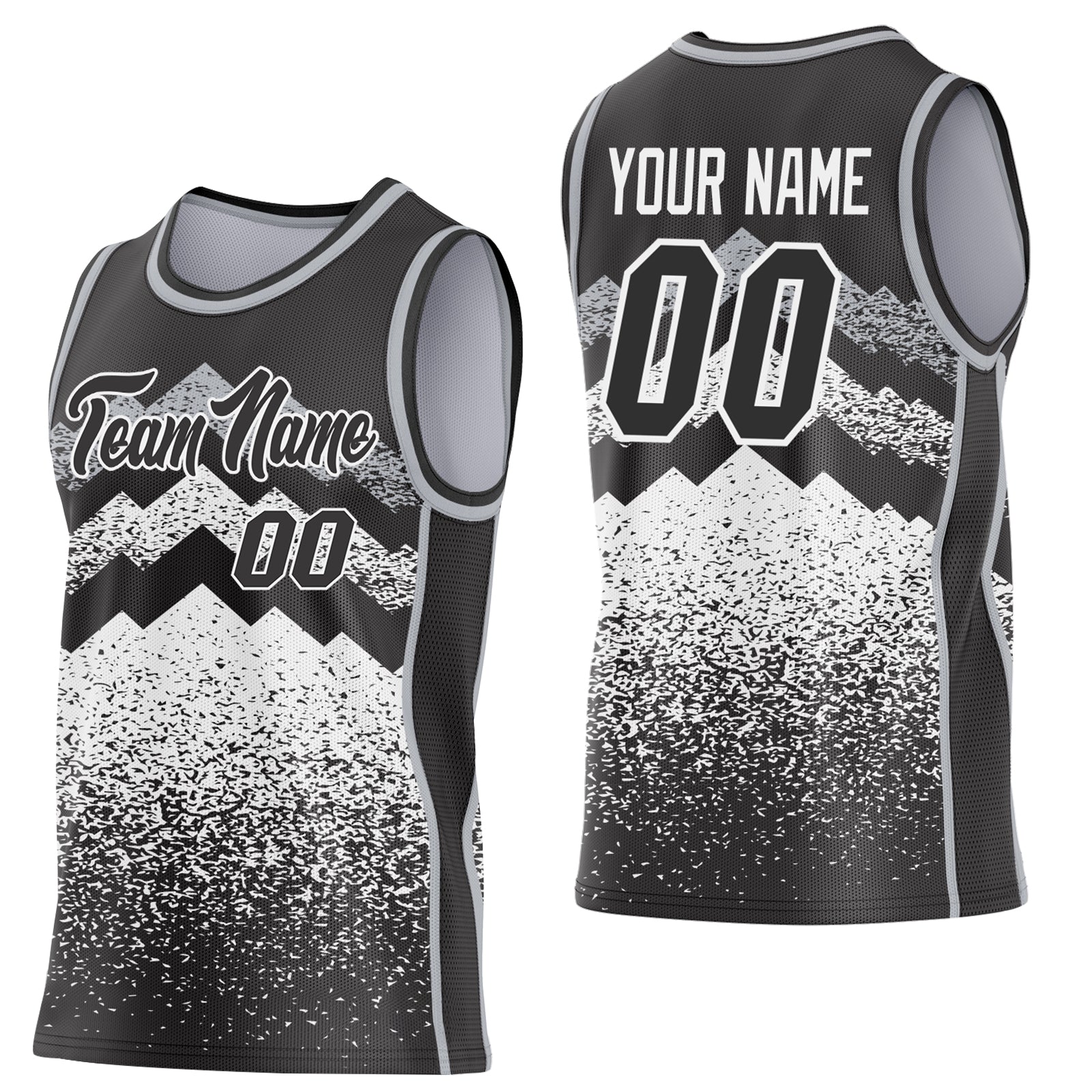 Custom Black White-Gray Mountain Peak Shards Side Panel Stripe Round Neck Sublimation Basketball Set Jersey