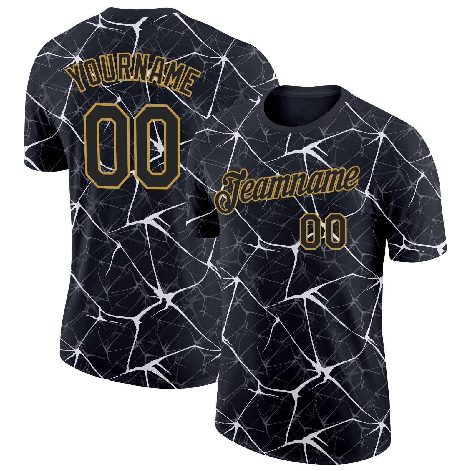 Custom Black White Gray-Old Gold Abstract Network Crackle Performance T-Shirt
